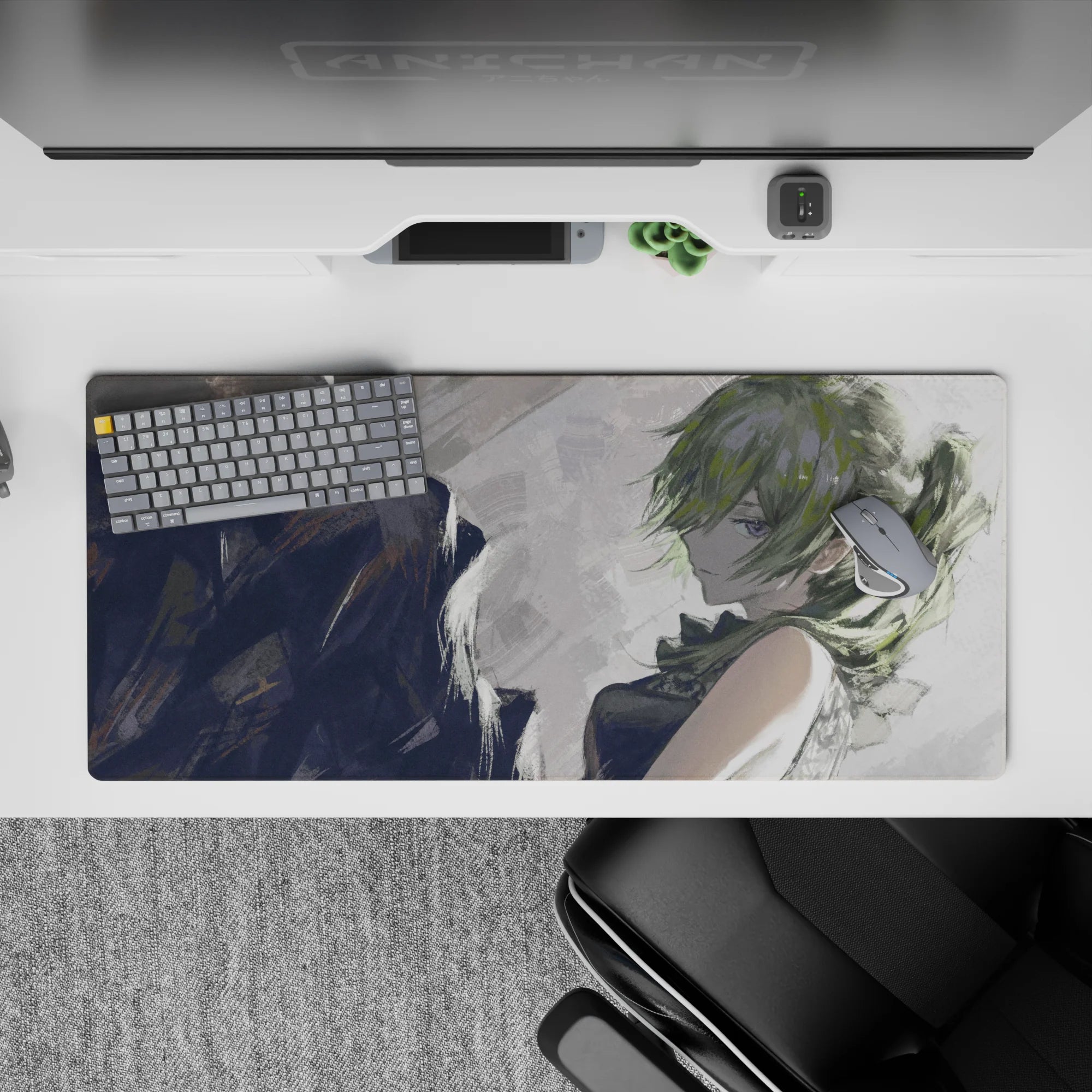 36x16 inches anime girl mouse pad in smoky grays and soft rainy light, artsy and calm aesthetic.