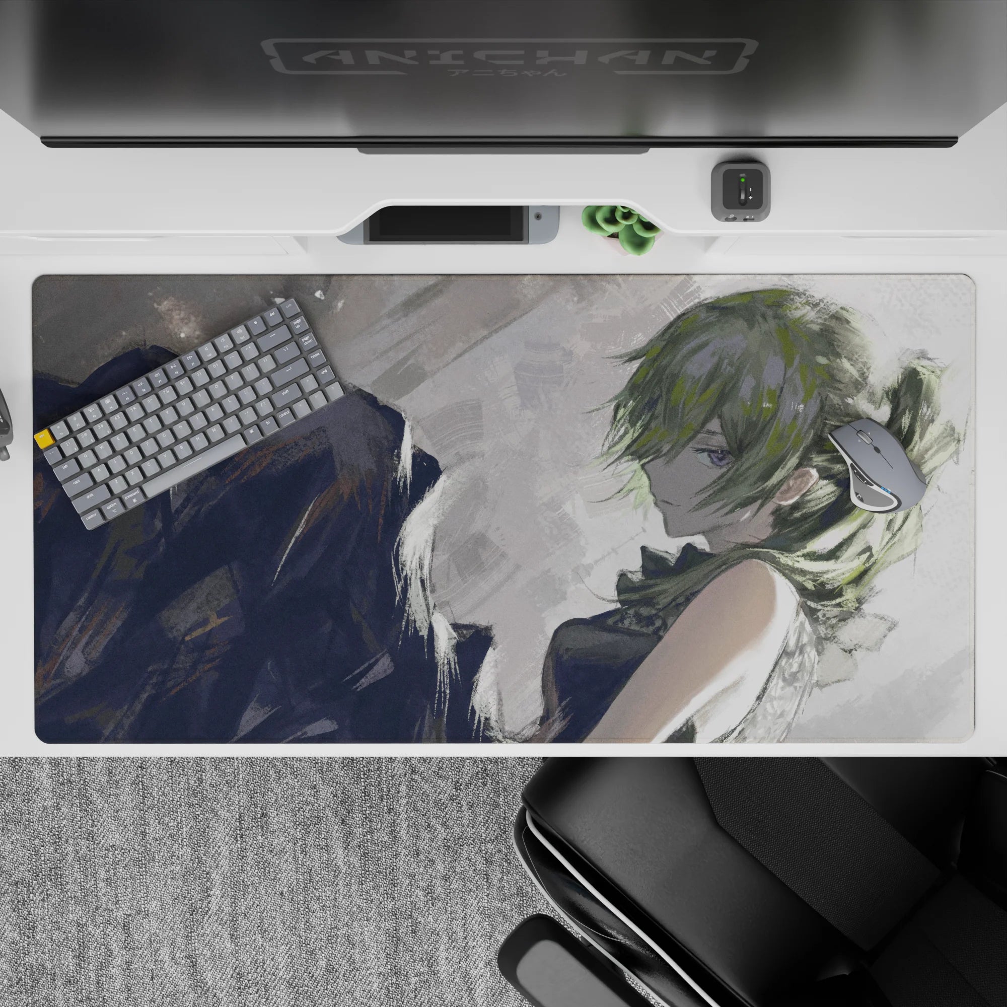 Moody gray anime desk pad 40x20 inches with rainy sketchbook lighting and soft, artsy vibe.