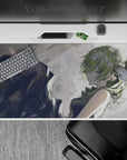 Moody gray anime desk pad 40x20 inches with rainy sketchbook lighting and soft, artsy vibe.