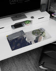 28x12 inches anime girl mouse pad showing a girl leaning back with a cool side glance and messy green bun.