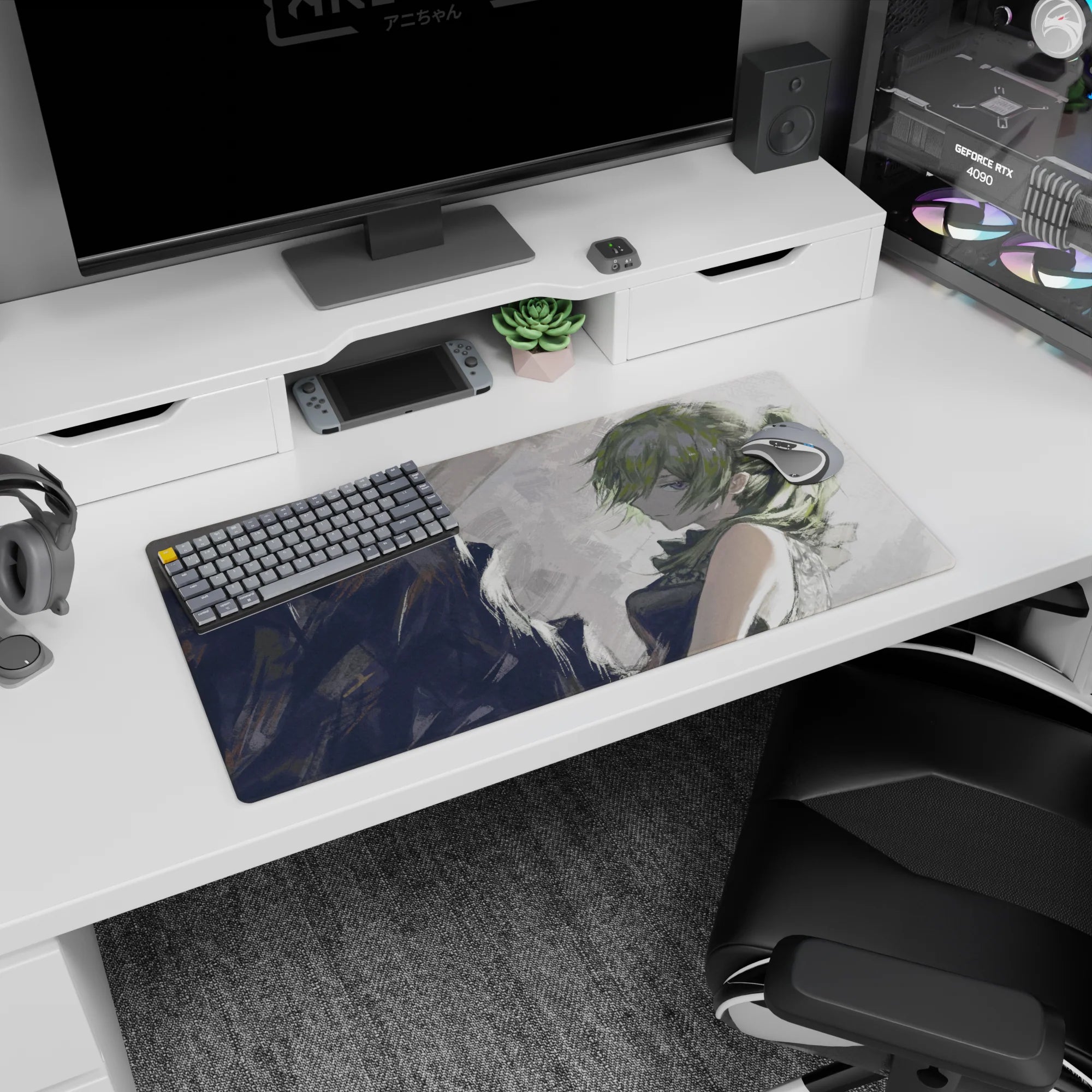 32x16 inches extended mouse pad showing an anime girl leaning back, messy green bun, dark sleeveless outfit.