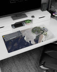 32x16 inches extended mouse pad showing an anime girl leaning back, messy green bun, dark sleeveless outfit.