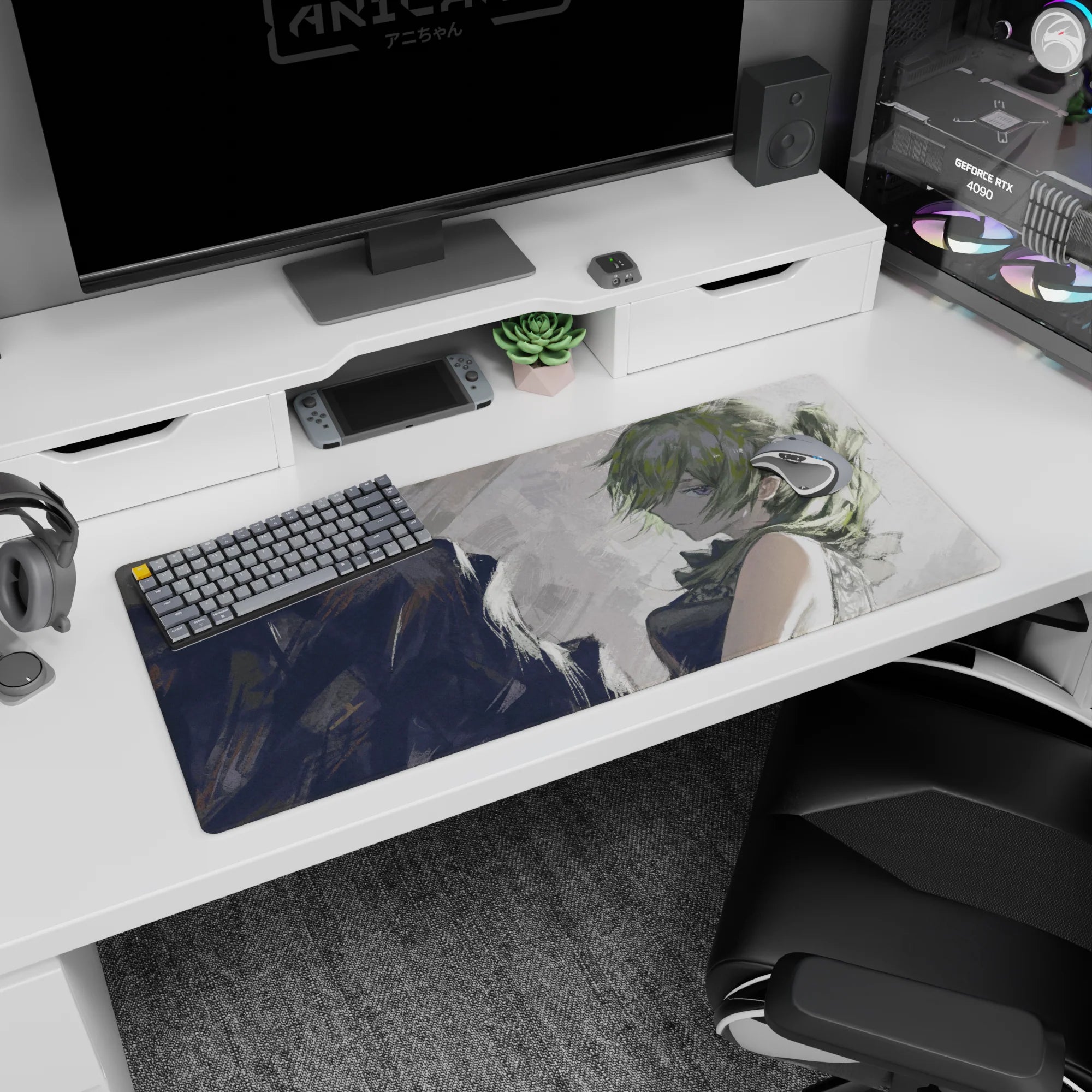 36x16 inches desk pad showing a cool anime girl leaning back, side glance, moss-green hair and dark outfit.