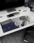 36x16 inches desk pad showing a cool anime girl leaning back, side glance, moss-green hair and dark outfit.