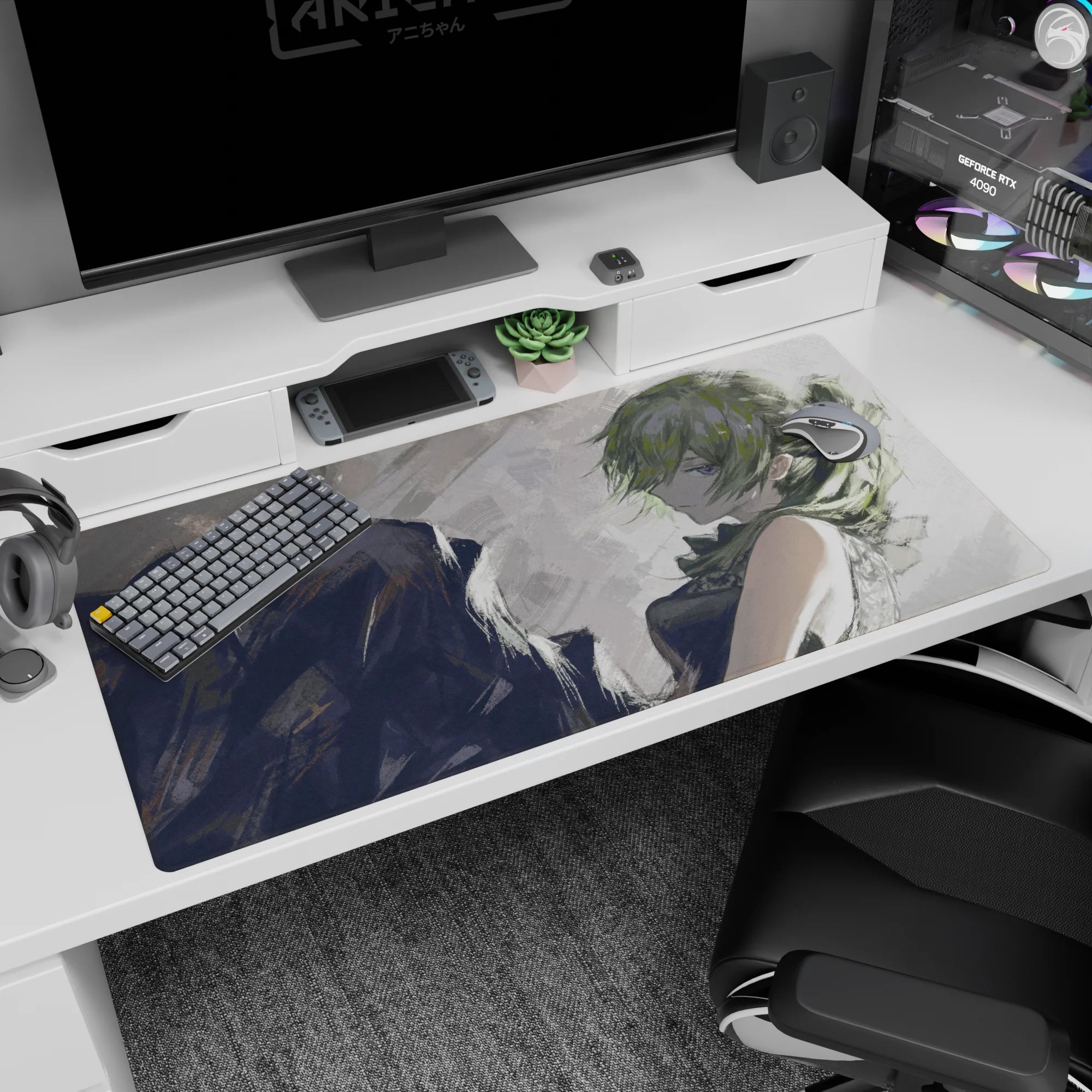 Cool anime girl desk pad 40x20 inches, leaning back with side glance, messy green bun, dark sleeveless top.