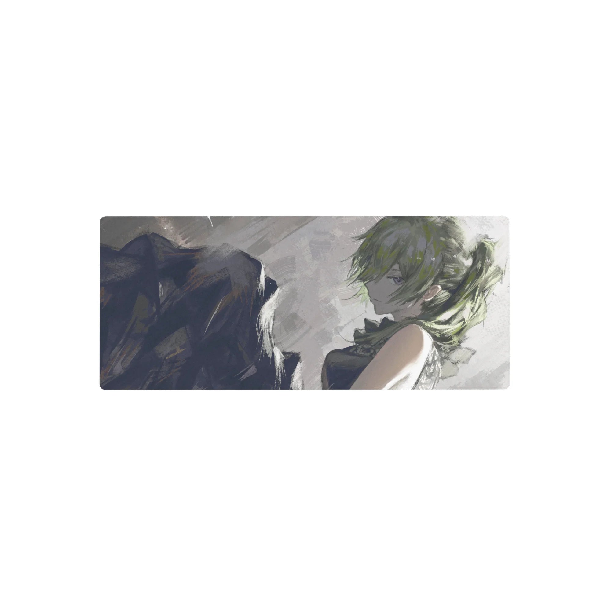 28x12 inches anime girl mouse pad with smoky sketch style, moss-green hair, and bold brush-stroke backdrop.