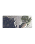 28x12 inches anime girl mouse pad with smoky sketch style, moss-green hair, and bold brush-stroke backdrop.