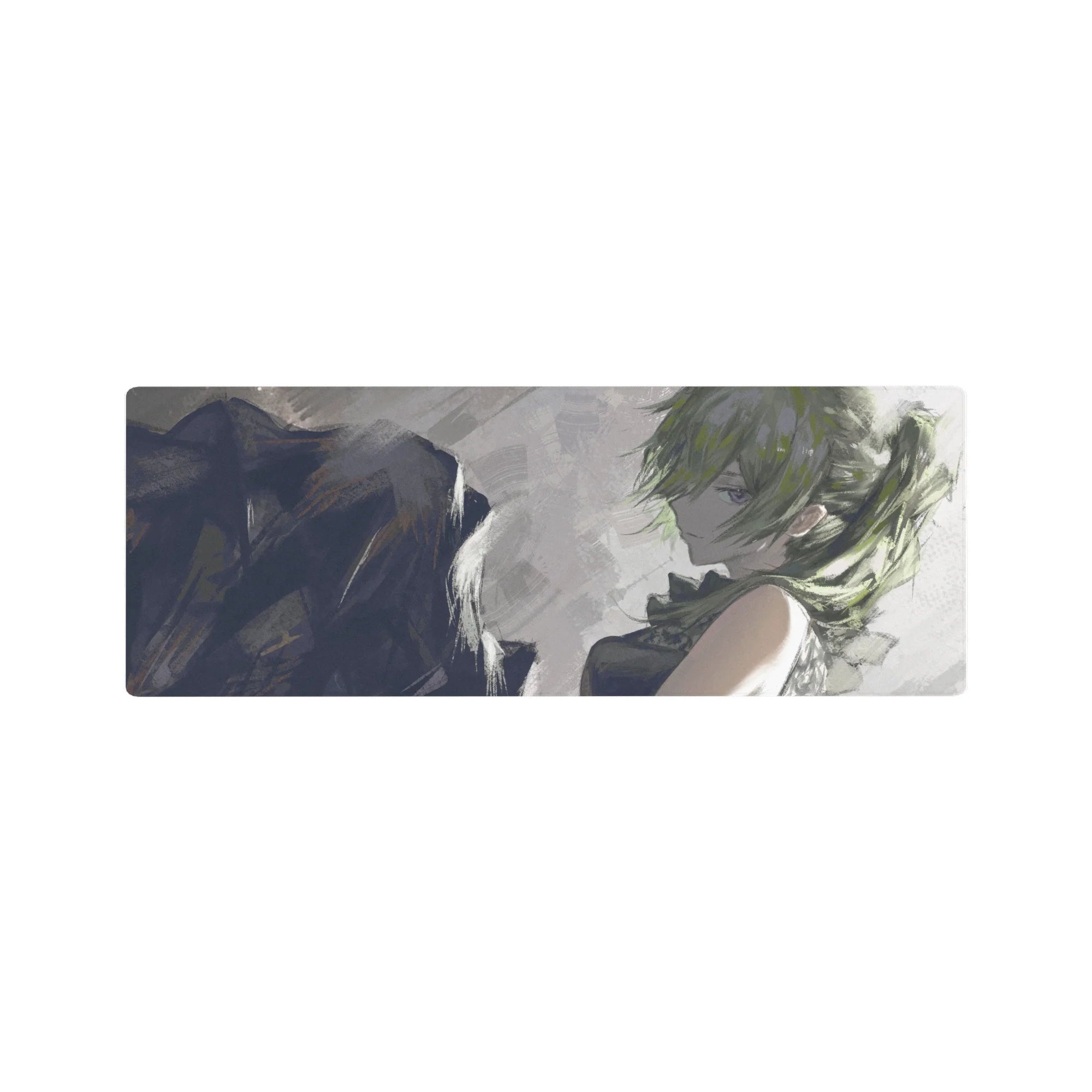 32x12 inches anime girl mouse pad with moody brushstroke backdrop, moss-green hair, and dark sleeveless outfit.