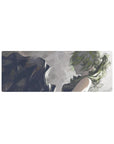 32x12 inches anime girl mouse pad with moody brushstroke backdrop, moss-green hair, and dark sleeveless outfit.
