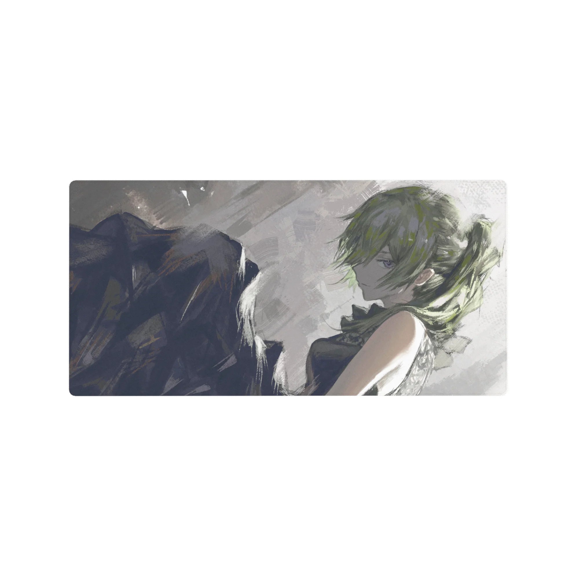 32x16 inches anime girl mouse pad with smoky sketchbook art, side-glance girl and bold brush strokes.