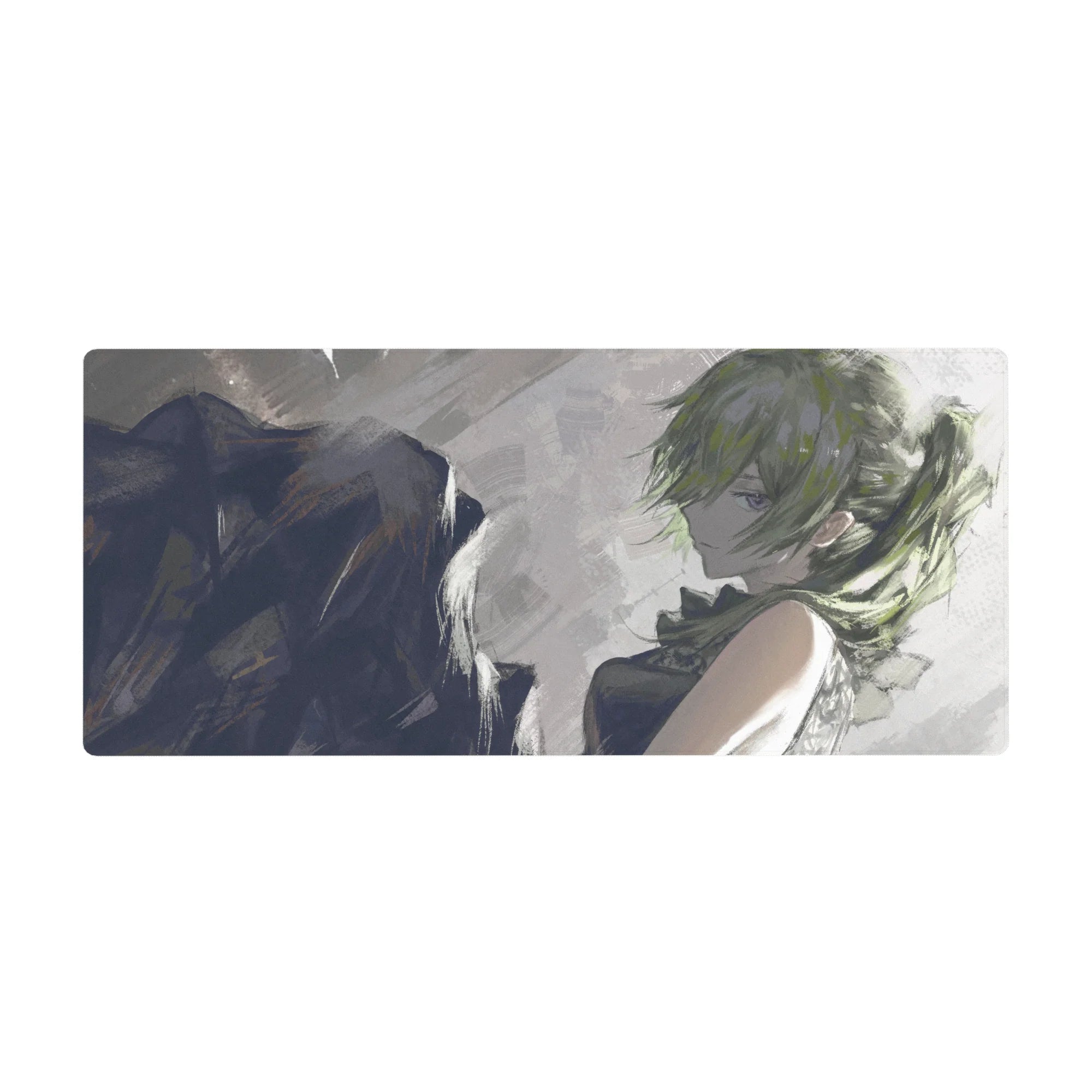 36x16 inches anime girl desk pad with moody sketchbook art, messy green hair, smoky brushstroke backdrop.