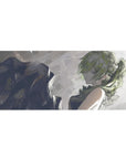 36x16 inches anime girl desk pad with moody sketchbook art, messy green hair, smoky brushstroke backdrop.