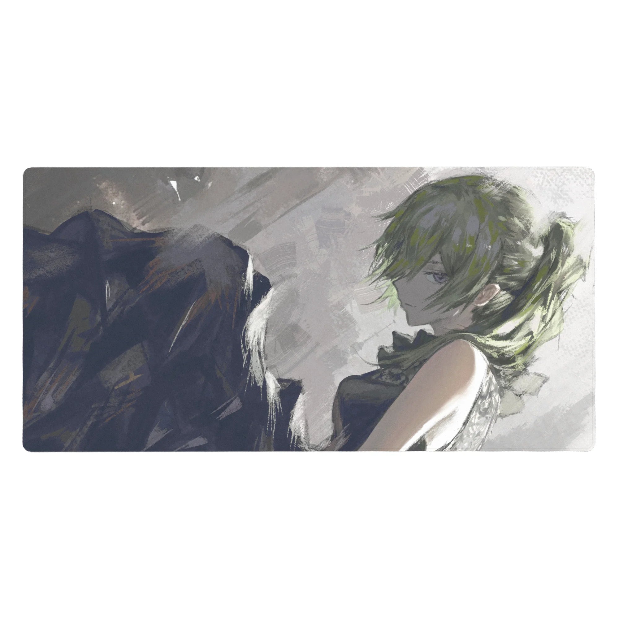 Anime girl desk pad 40x20 inches with smoky sketch style, moss-green hair, and bold brush stroke backdrop.