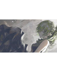 Anime girl desk pad 40x20 inches with smoky sketch style, moss-green hair, and bold brush stroke backdrop.