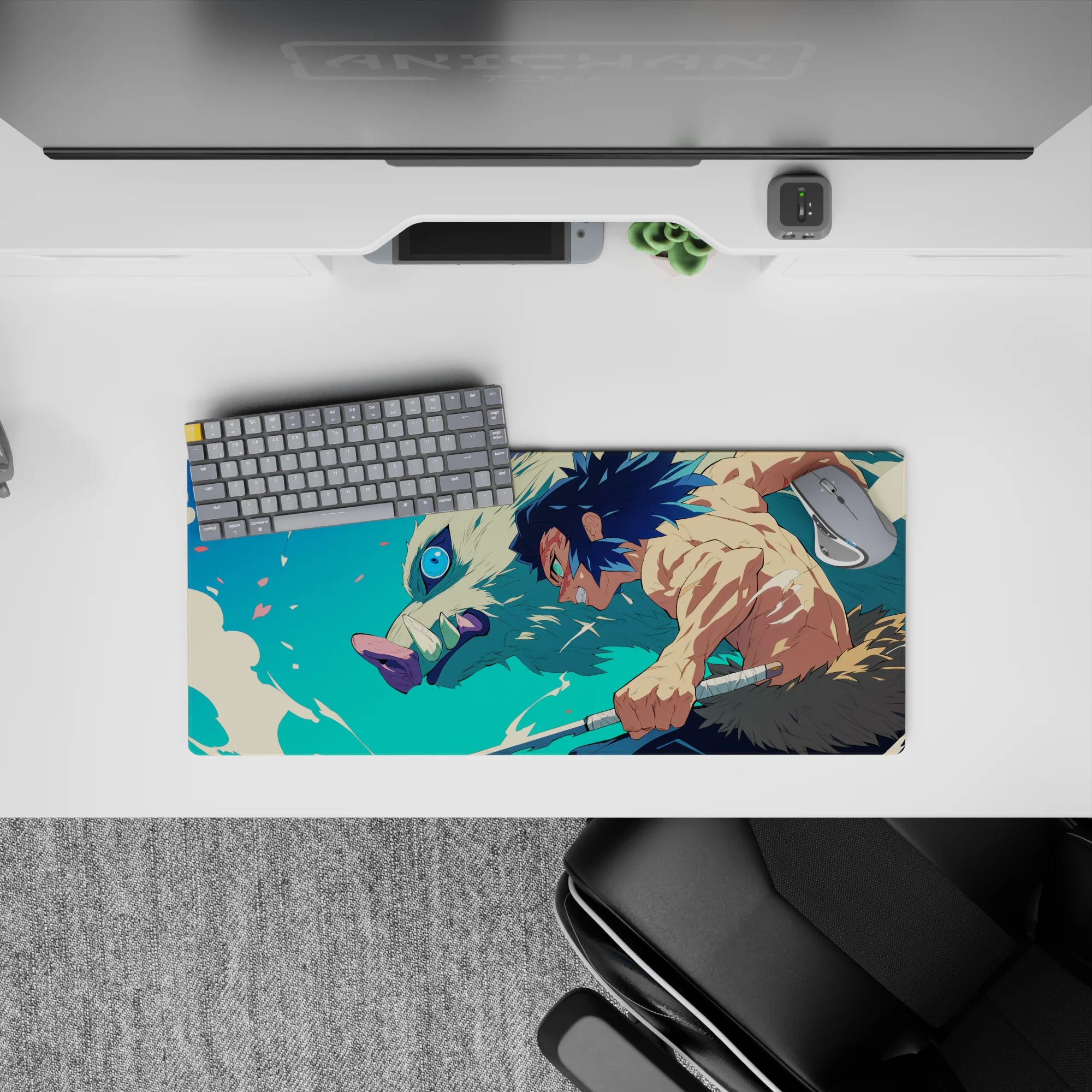 Inosuke Hashibira from Demon Slayer on a 28x12 inch mouse pad, captured in a dynamic charge with his iconic boar mask.