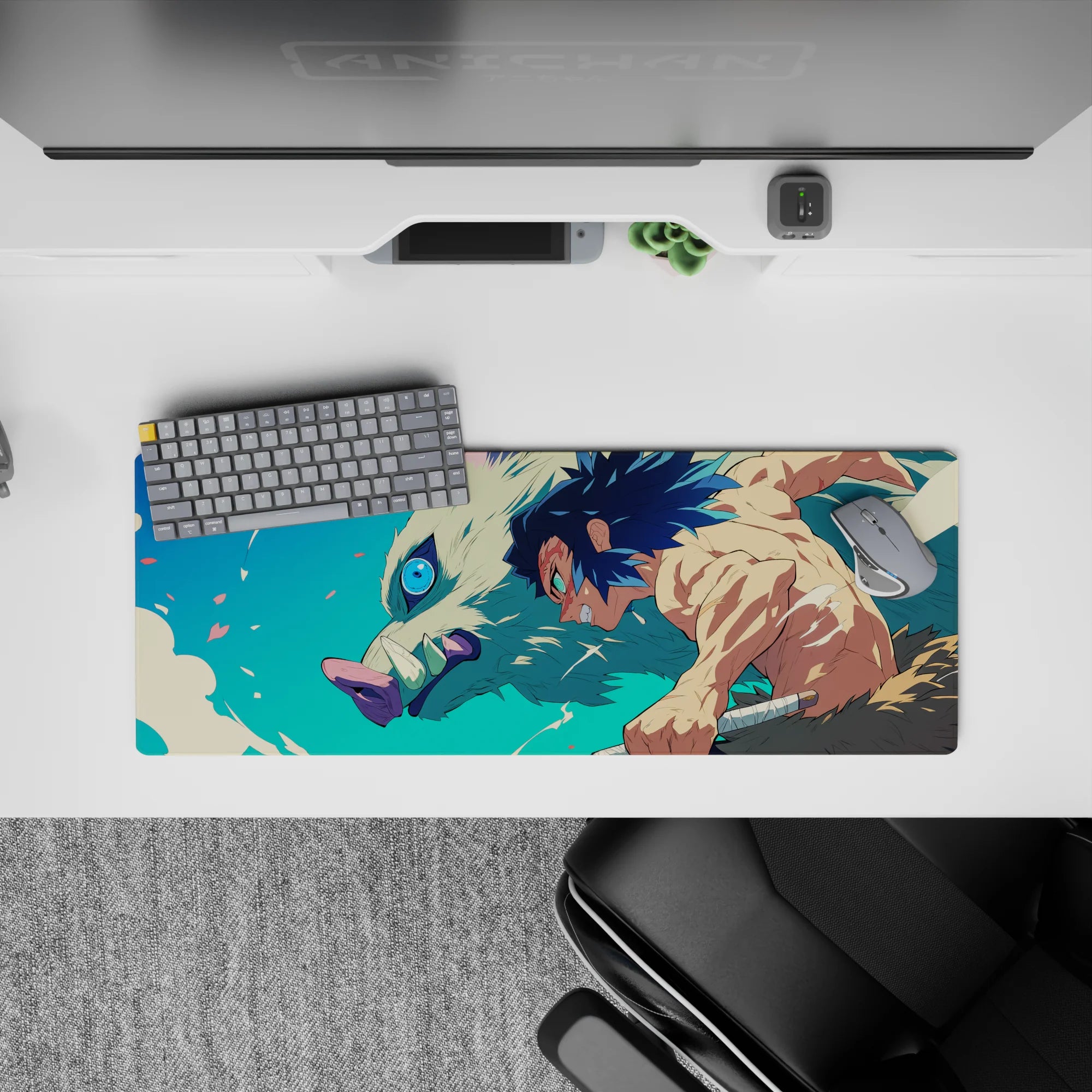 Inosuke Hashibira from Demon Slayer charges forward on a 32x12 inch anime mouse pad, showcasing dynamic energy and vivid design.