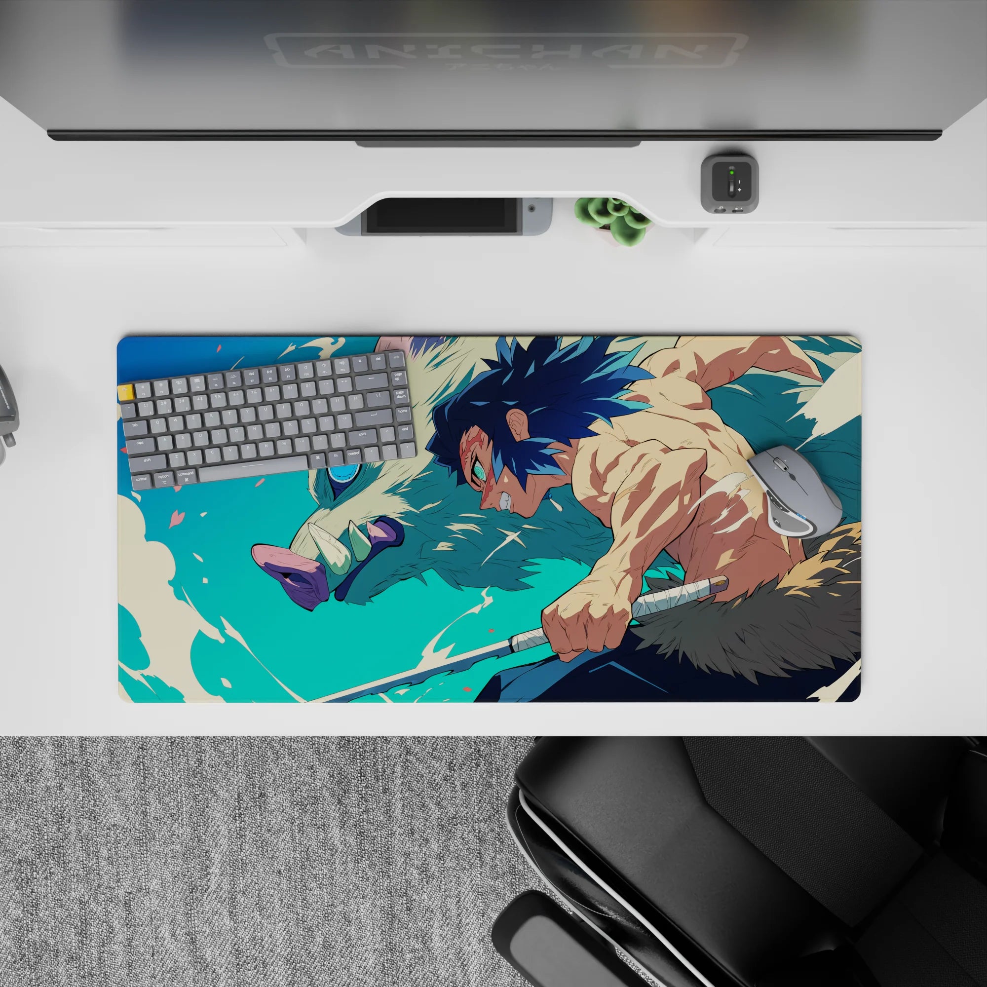 Inosuke Hashibira from Demon Slayer charges with blades drawn; anime mouse pad 32x16 inches, vibrant and dynamic.