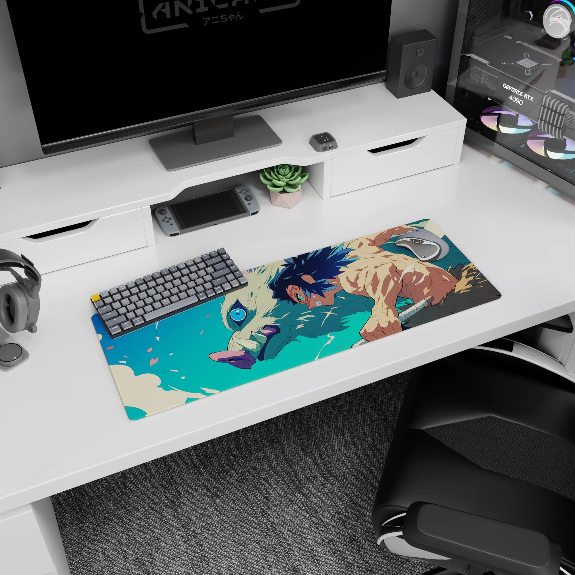 Mouse pad featuring Inosuke Hashibira from Demon Slayer, size 32x12 inches, with vibrant colors and dynamic action.