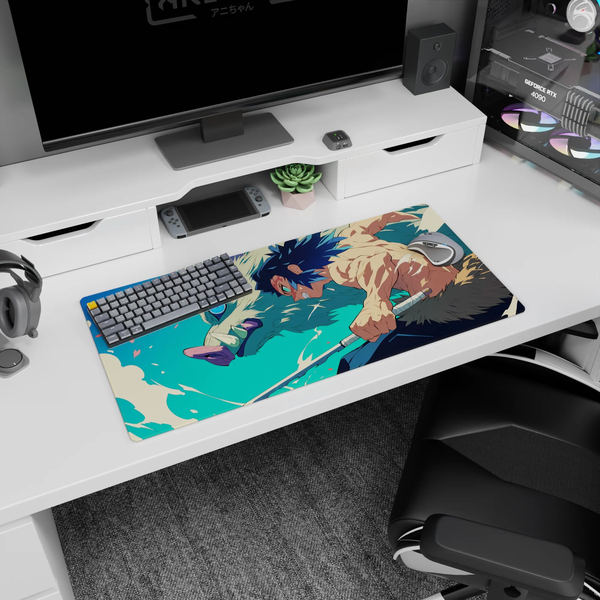 Inosuke Hashibira from Demon Slayer charges forward on a 32x16 inch anime mouse pad, showcasing bold colors and dynamic motion.