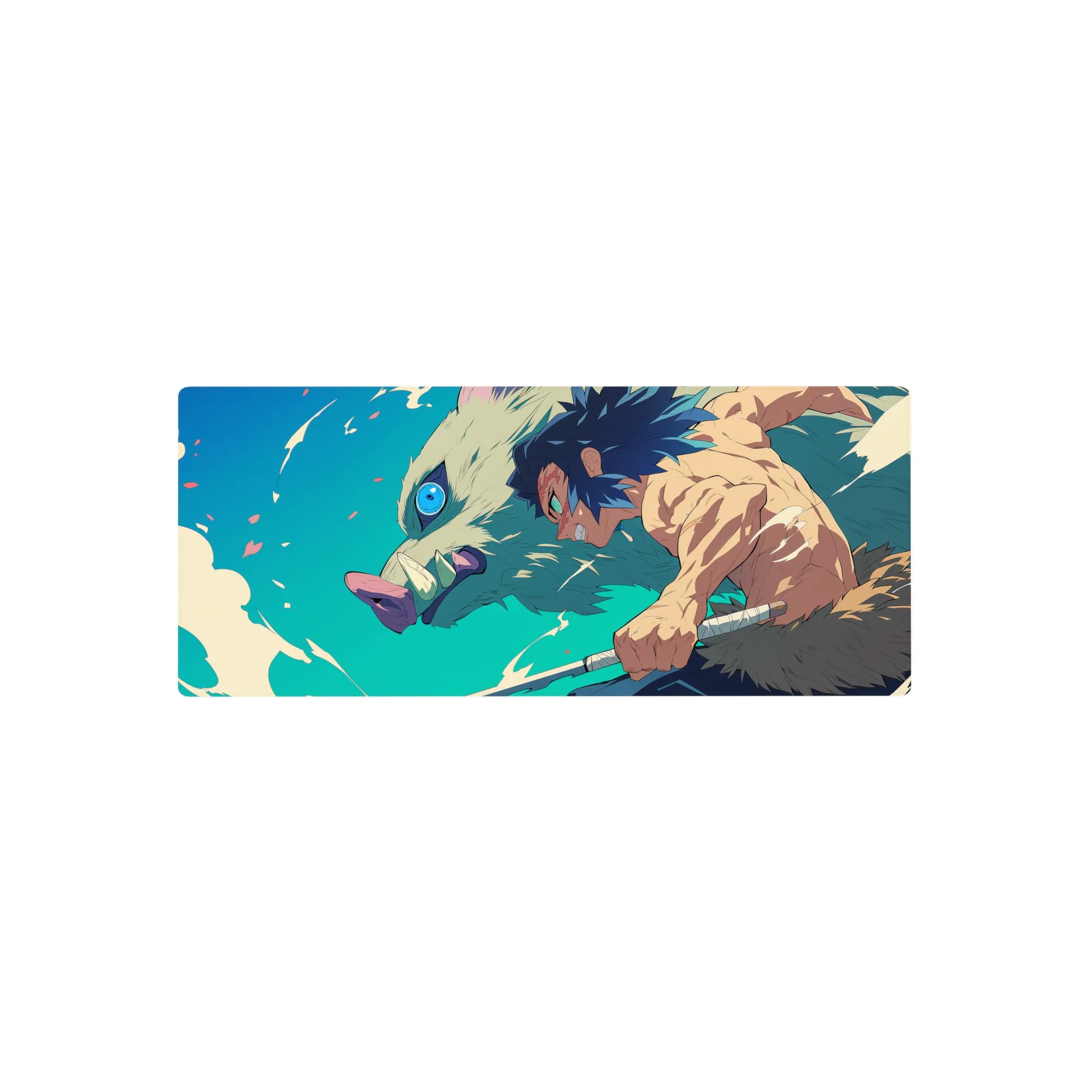 Inosuke Hashibira from Demon Slayer charges forward on a 28x12 inch anime mouse pad, capturing wild motion and vivid contrasts.