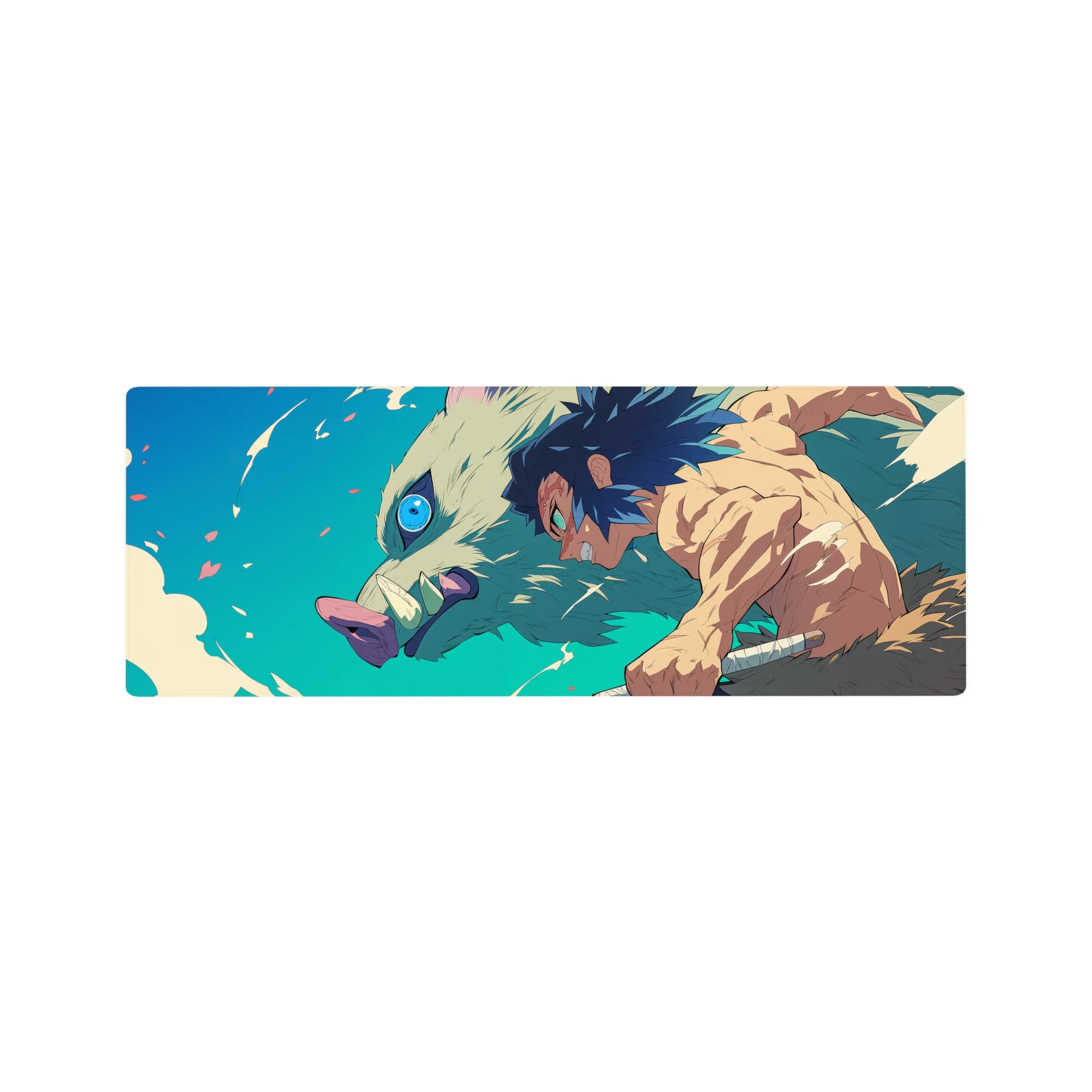 Inosuke Hashibira from Demon Slayer charges forward on a 32x12 inch mouse pad, featuring vivid colors and dynamic motion.