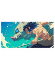 Inosuke Hashibira from Demon Slayer charges forward with blades drawn on a 32x16 inch anime mouse pad, vivid teal sky backdrop.