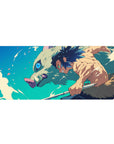 Inosuke Hashibira from Demon Slayer charges forward on a 36x16 inch anime desk pad, featuring vibrant colors and dynamic motion.
