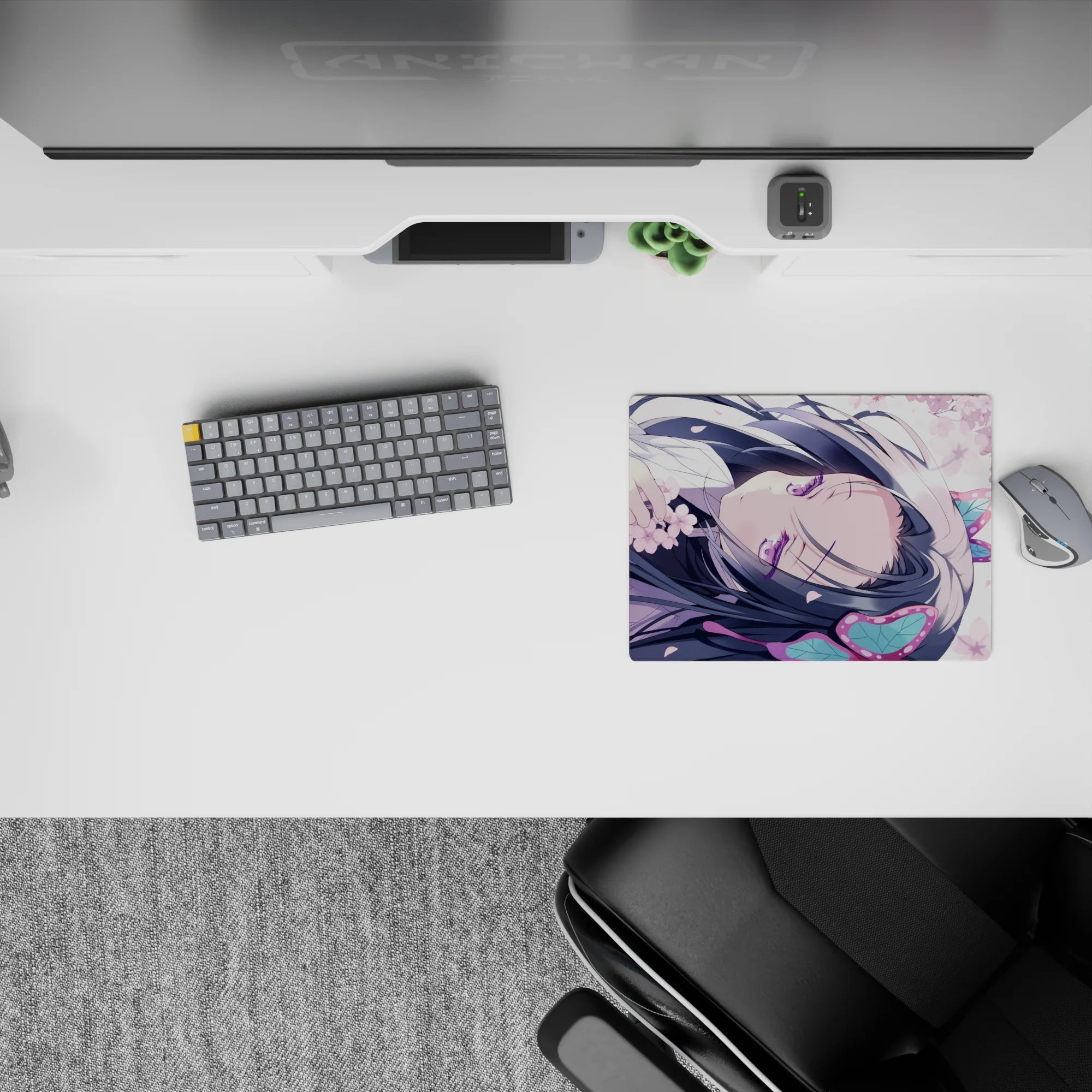 Dreamy pastel anime mouse pad 14x10 inches in lavender, pink blossoms, teal-rose accents, cozy vibe.