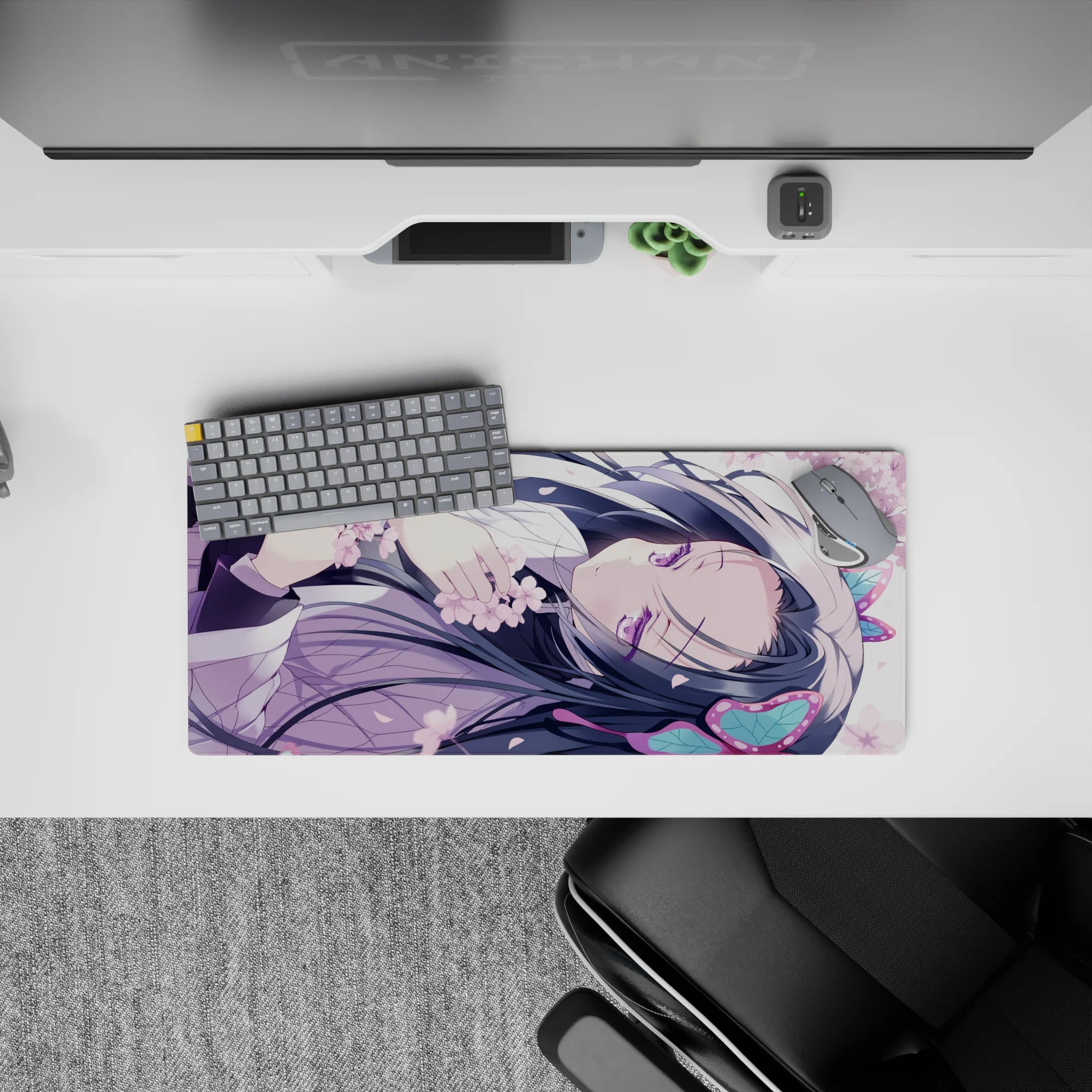 Soft pastel anime desk mat 28x12 inches in lavender and pink, dreamy spring vibe with violet eyes.