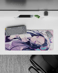 Soft pastel anime desk mat 28x12 inches in lavender and pink, dreamy spring vibe with violet eyes.