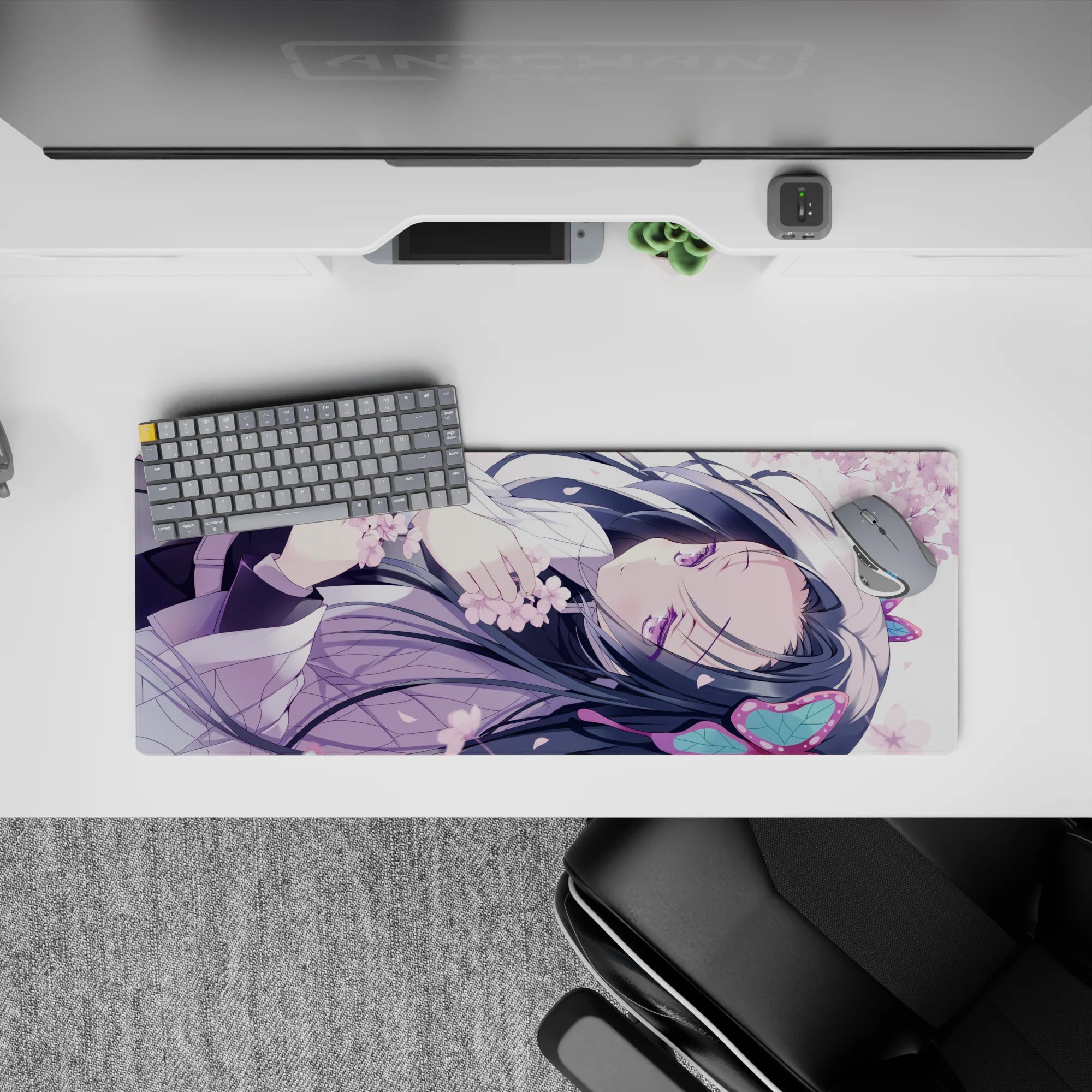 32x12 inches pastel desk mat in soft lavender and pink sakura tones, dreamy flirty anime vibe.