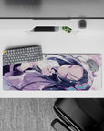32x12 inches pastel desk mat in soft lavender and pink sakura tones, dreamy flirty anime vibe.