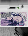 Dreamy pastel anime desk mat 32x16 inches in pale lavender, pink blossoms, teal accents, cozy vibe.
