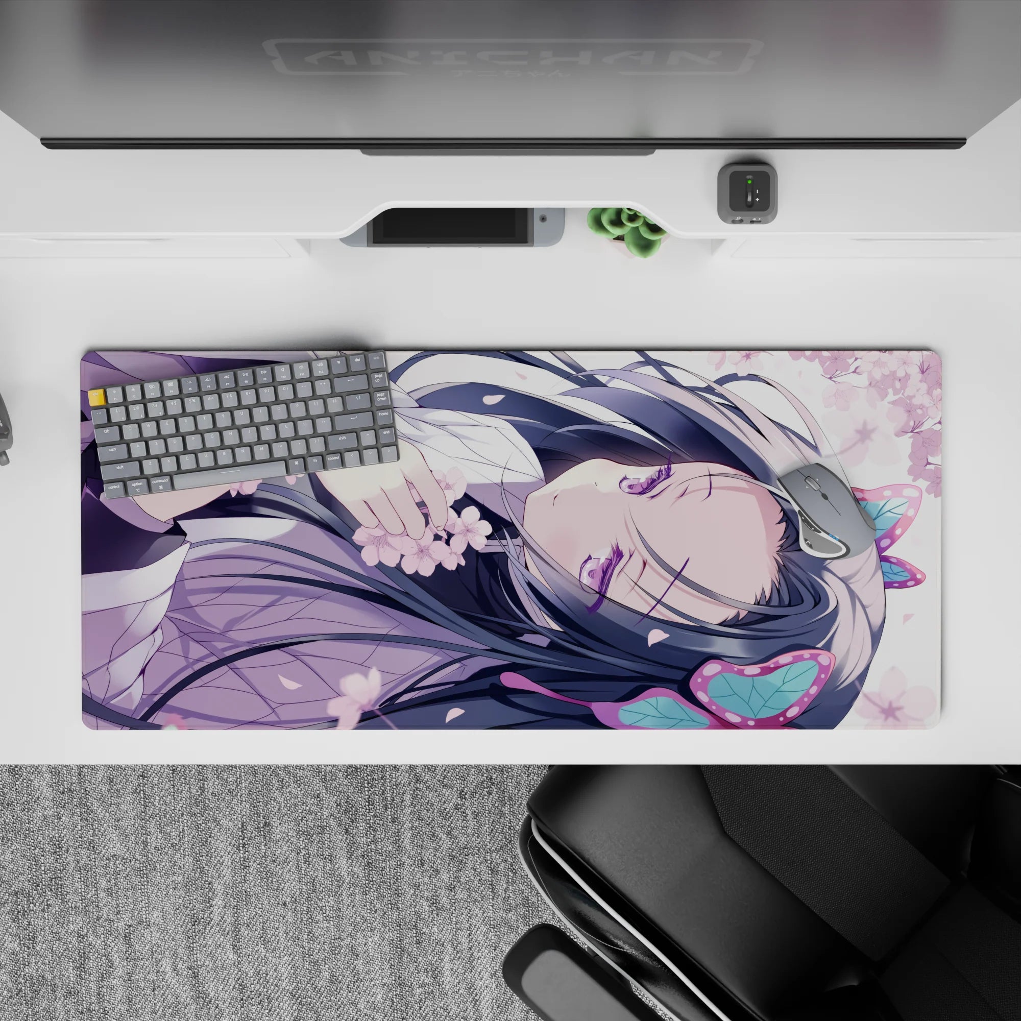 36x16 inches pastel spring desk pad in lavender, pink blossoms, teal accents, with soft dreamy vibe.