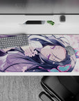 36x16 inches pastel spring desk pad in lavender, pink blossoms, teal accents, with soft dreamy vibe.