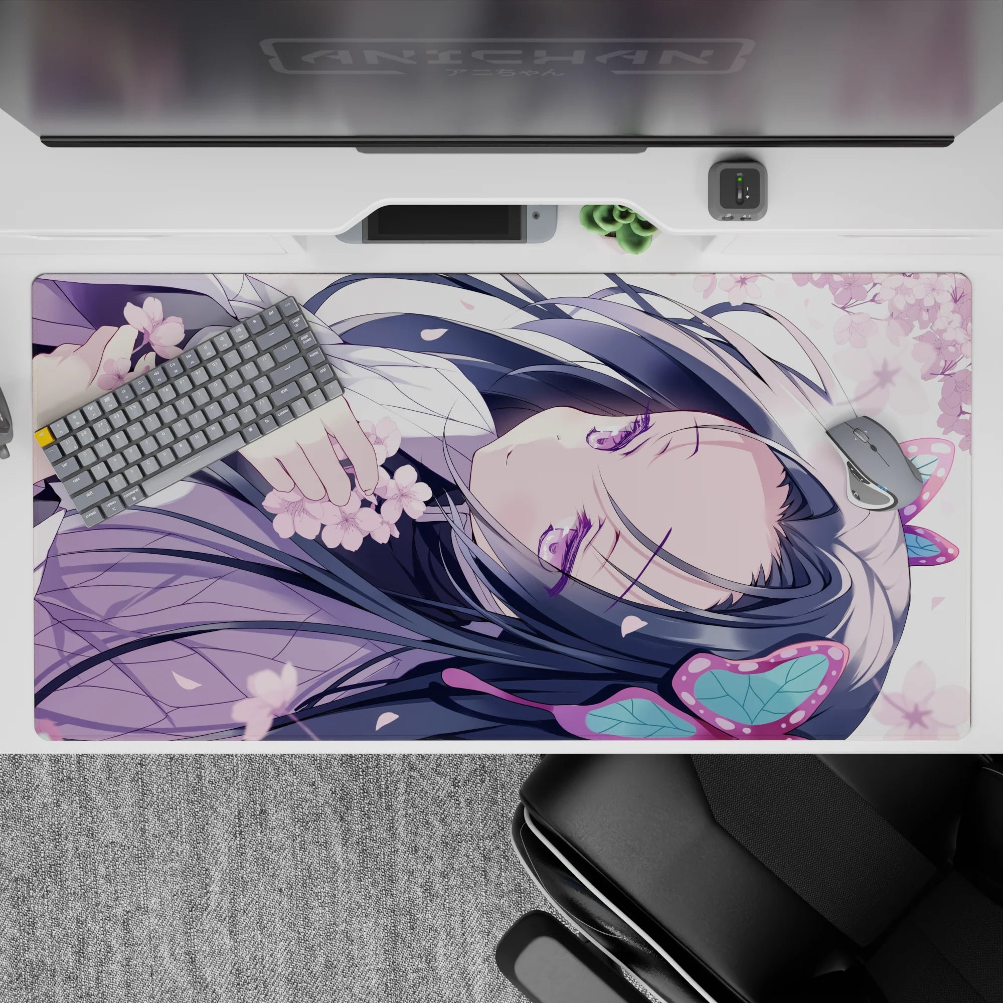 Soft spring pastel anime desk pad 40x20 inches in lavender, pink blossoms, teal accents, dreamy vibe.