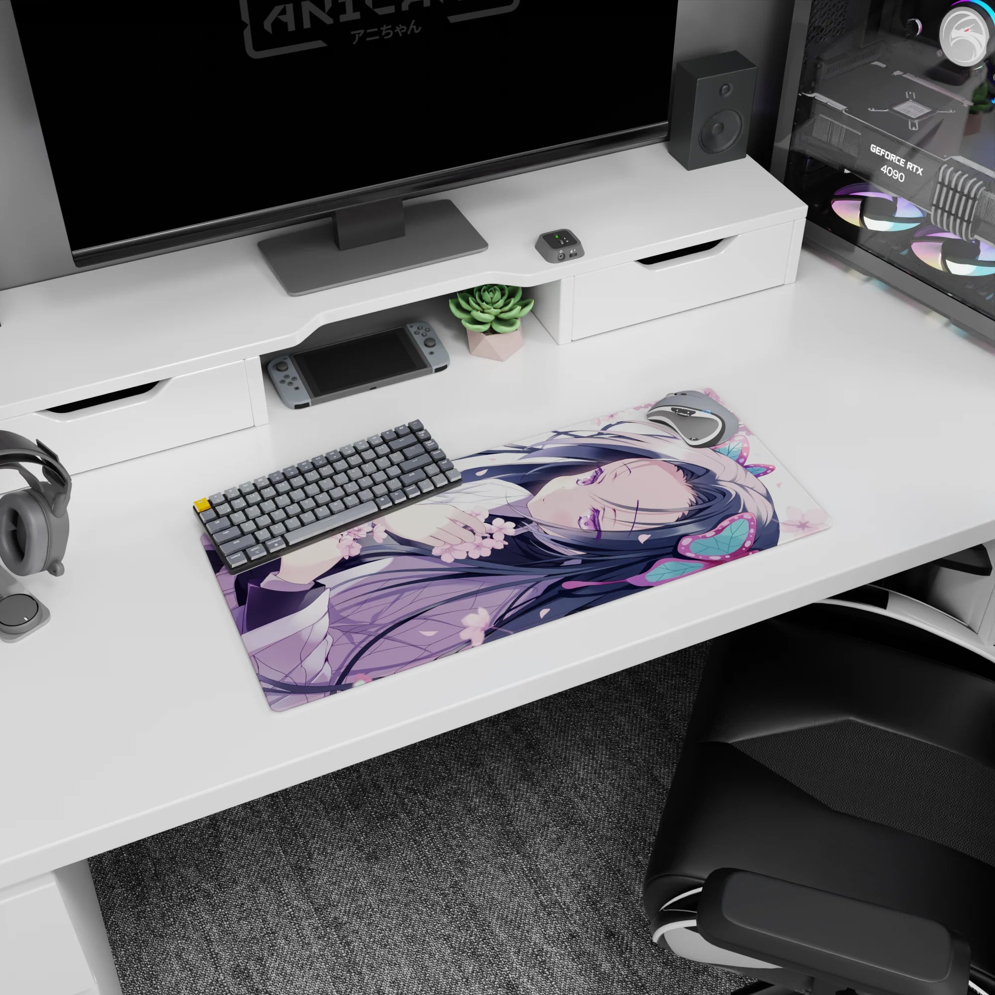 Flirty anime girl curled on her side on a 28x12 inches mouse pad, blossoms on sleeves and fingers.
