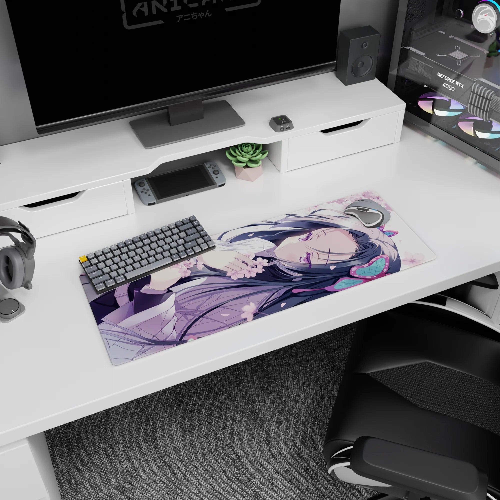 32x12 inches mouse pad showing a sleepy violet-eyed anime girl curled on her side, dark hair flowing.