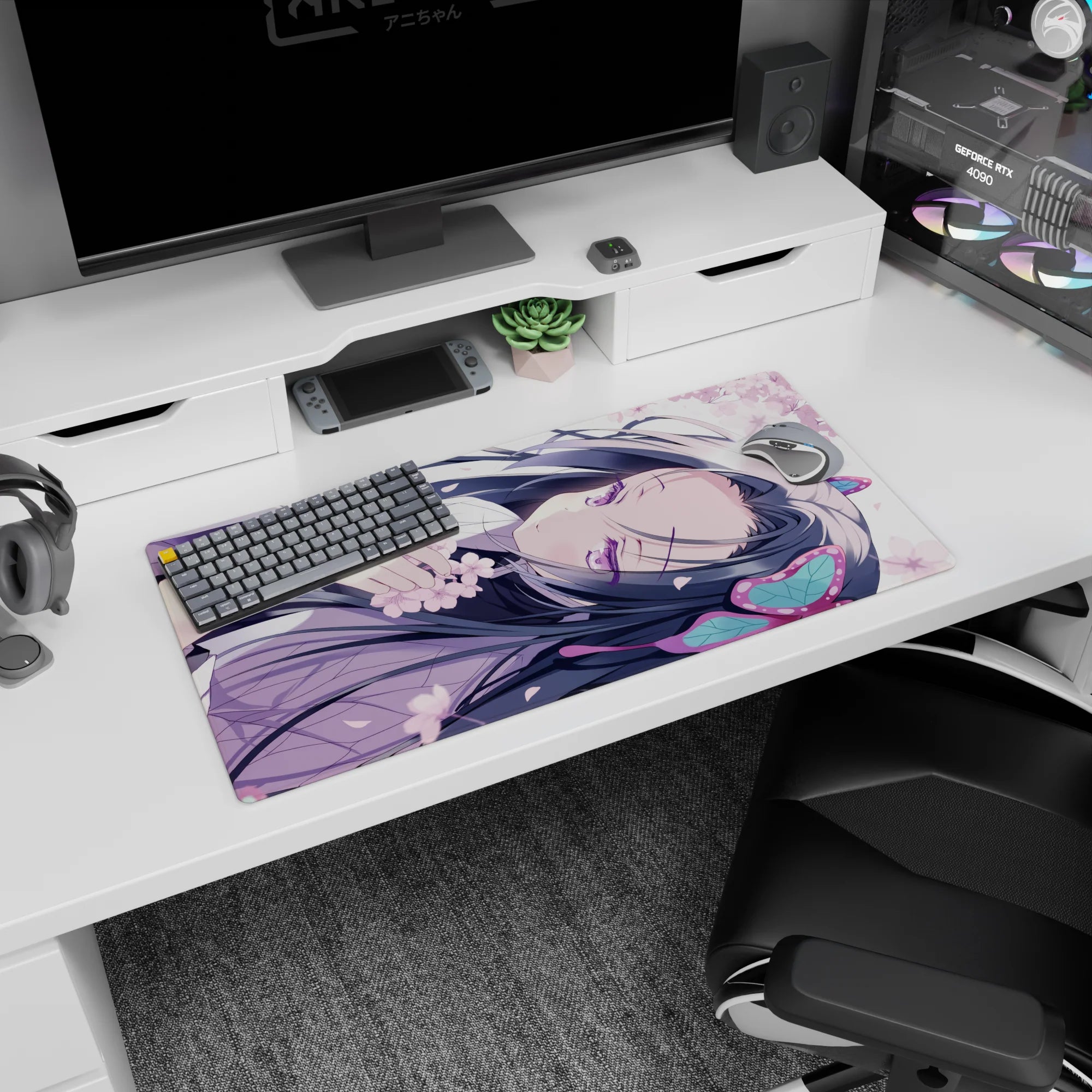 Flirty sleepy anime girl curled on her side on a 32x16 inches mouse pad, violet gaze, long dark hair.