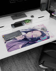 Flirty sleepy anime girl curled on her side on a 32x16 inches mouse pad, violet gaze, long dark hair.