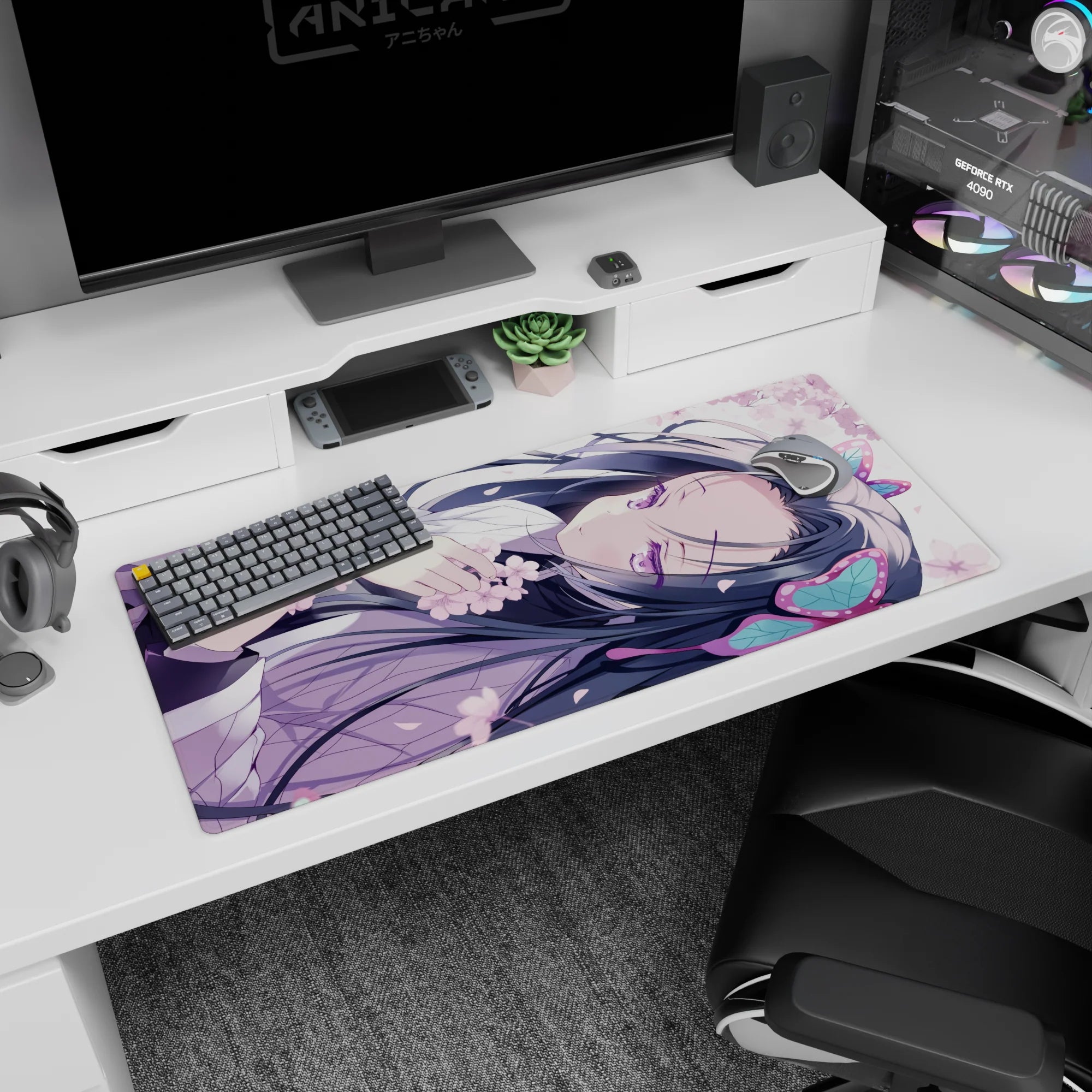 36x16 inches anime desk pad showing sleepy violet-eyed girl lying sideways, hair fanned out, petals drifting.