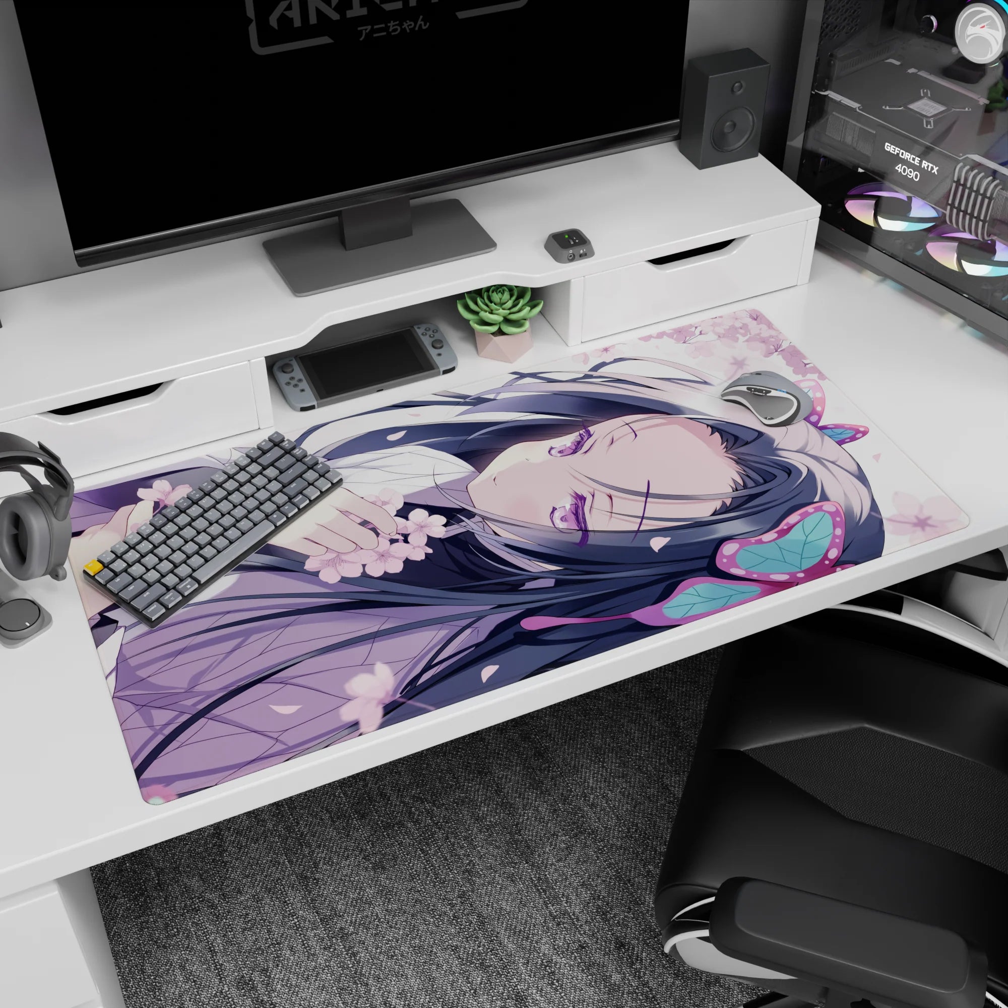 Anime girl curled on her side desk pad 40x20 inches, long dark hair, violet eyes, blossoms on sleeves.