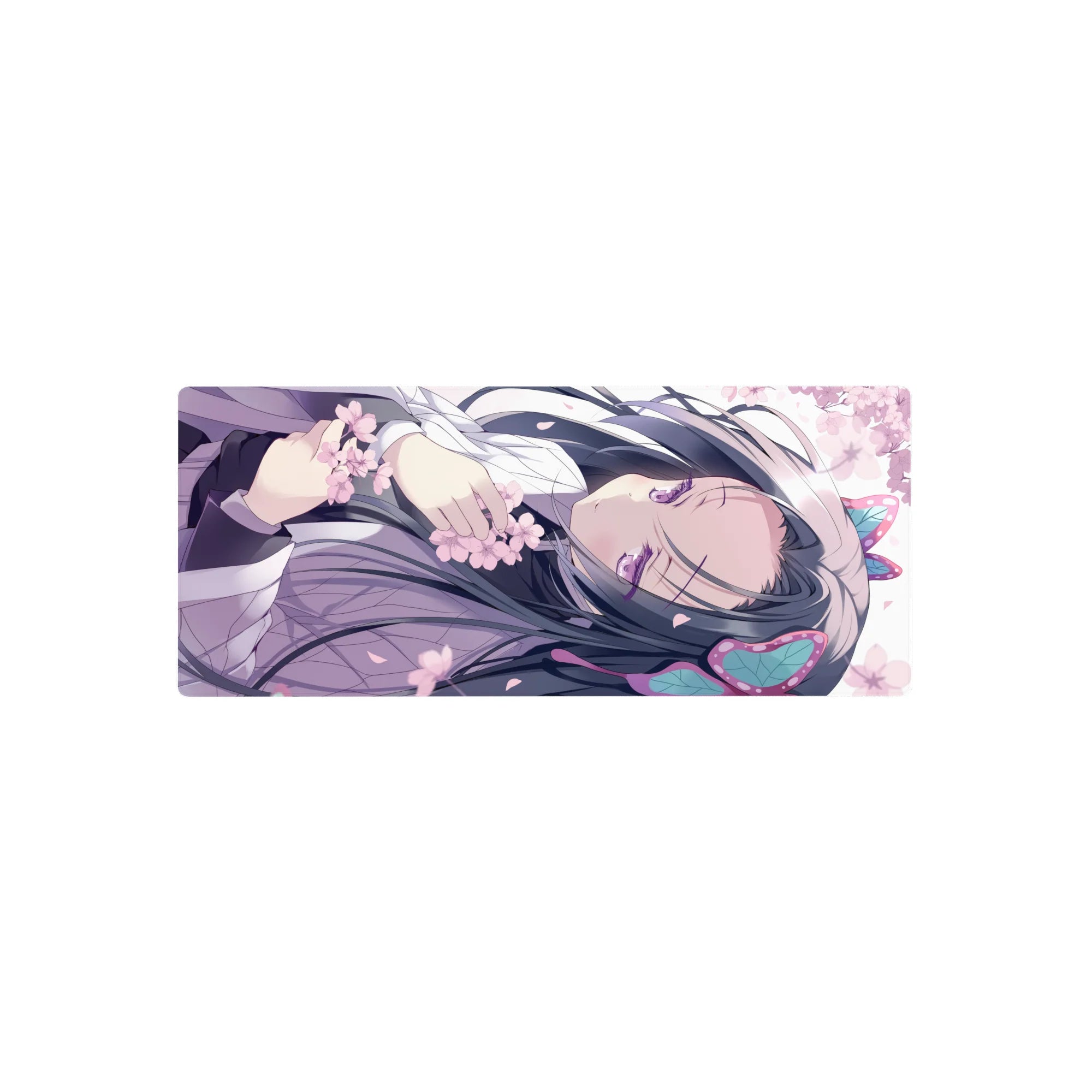 Anime girl mouse pad 28x12 inches with cherry blossoms, lavender robe, dark hair, and butterfly clips.