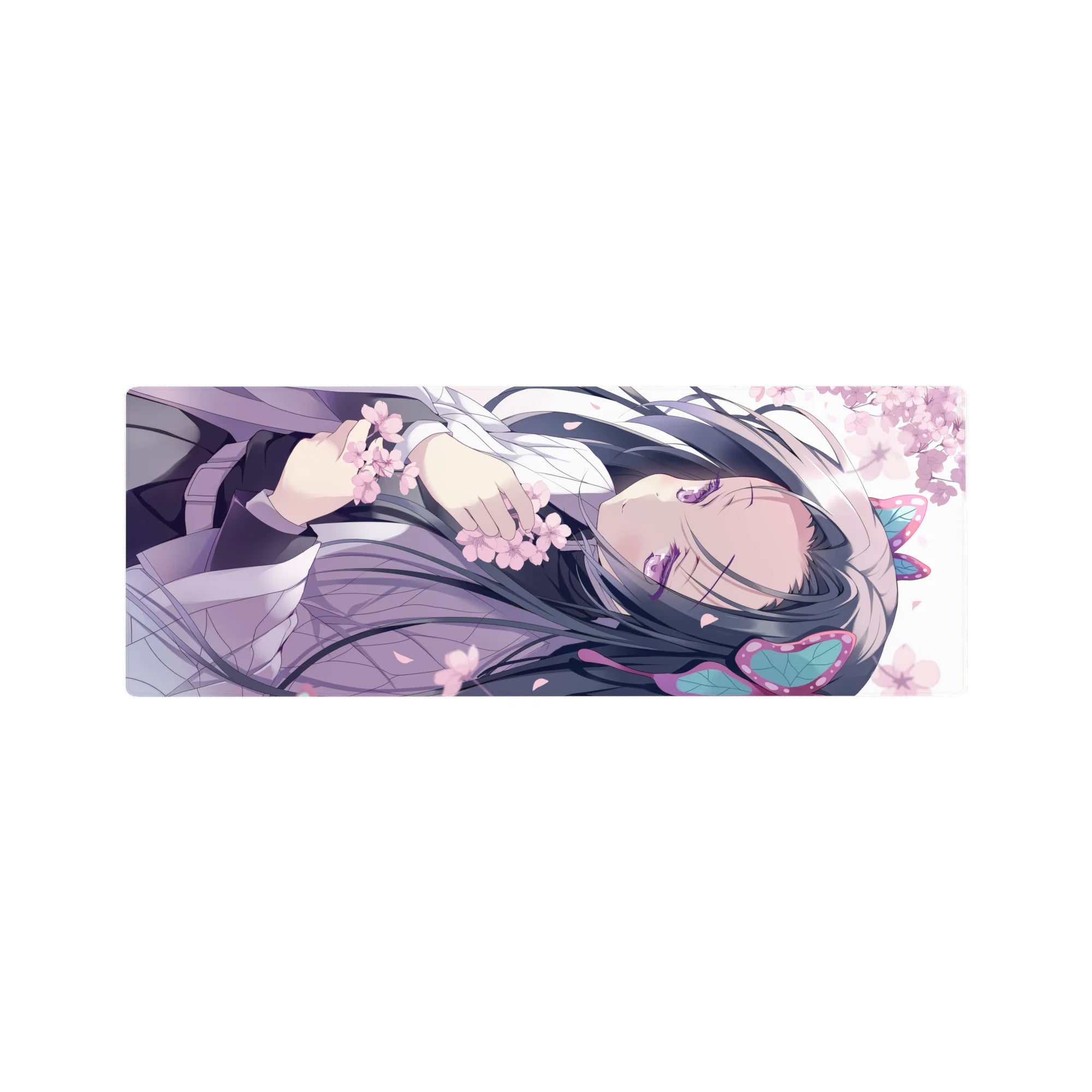 32x12 inches anime girl mouse pad with lavender robe, cherry blossoms, butterfly hair clips, smooth glide.