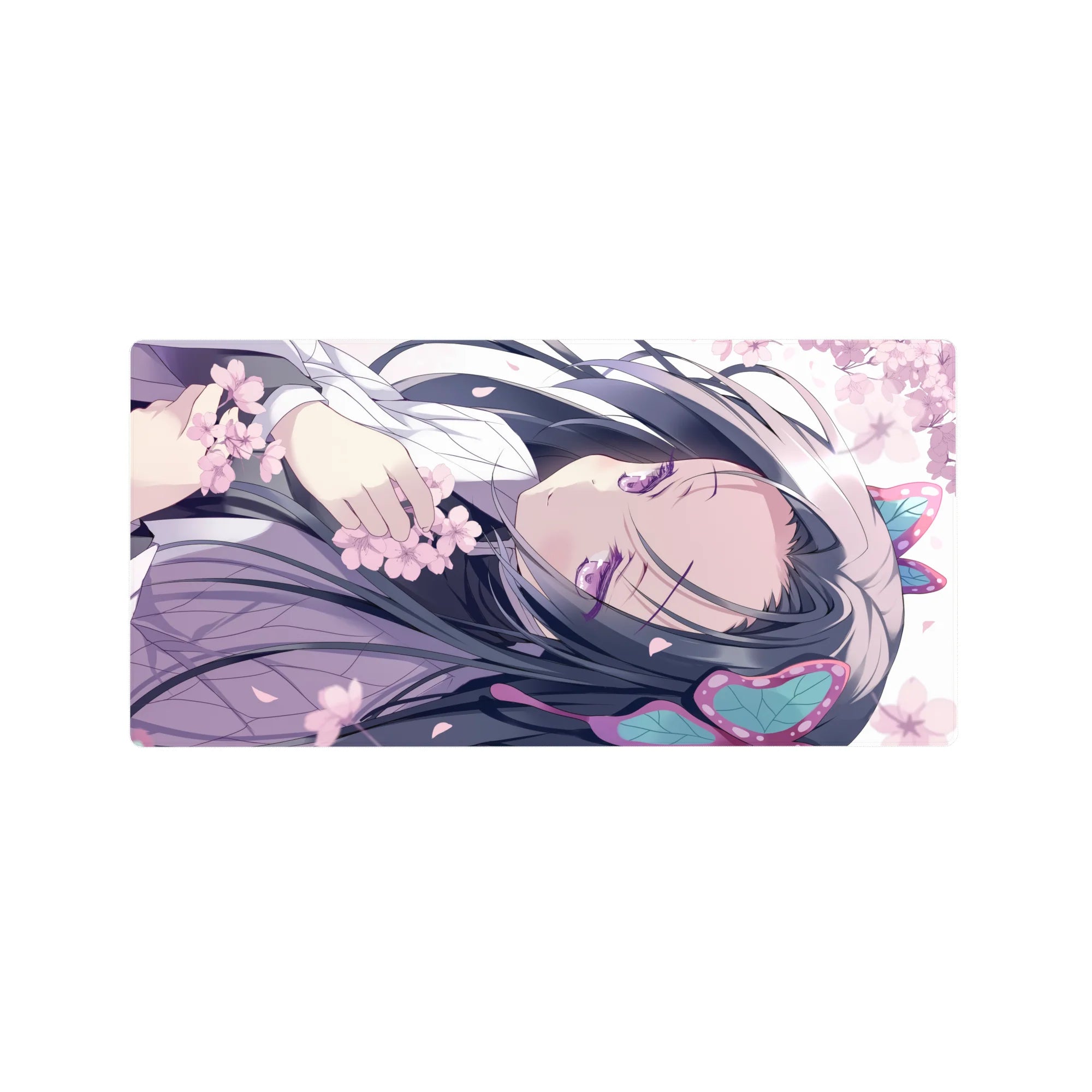 Anime girl mouse pad 32x16 inches with cherry blossoms, lavender robe, butterfly hair accents, smooth glide.