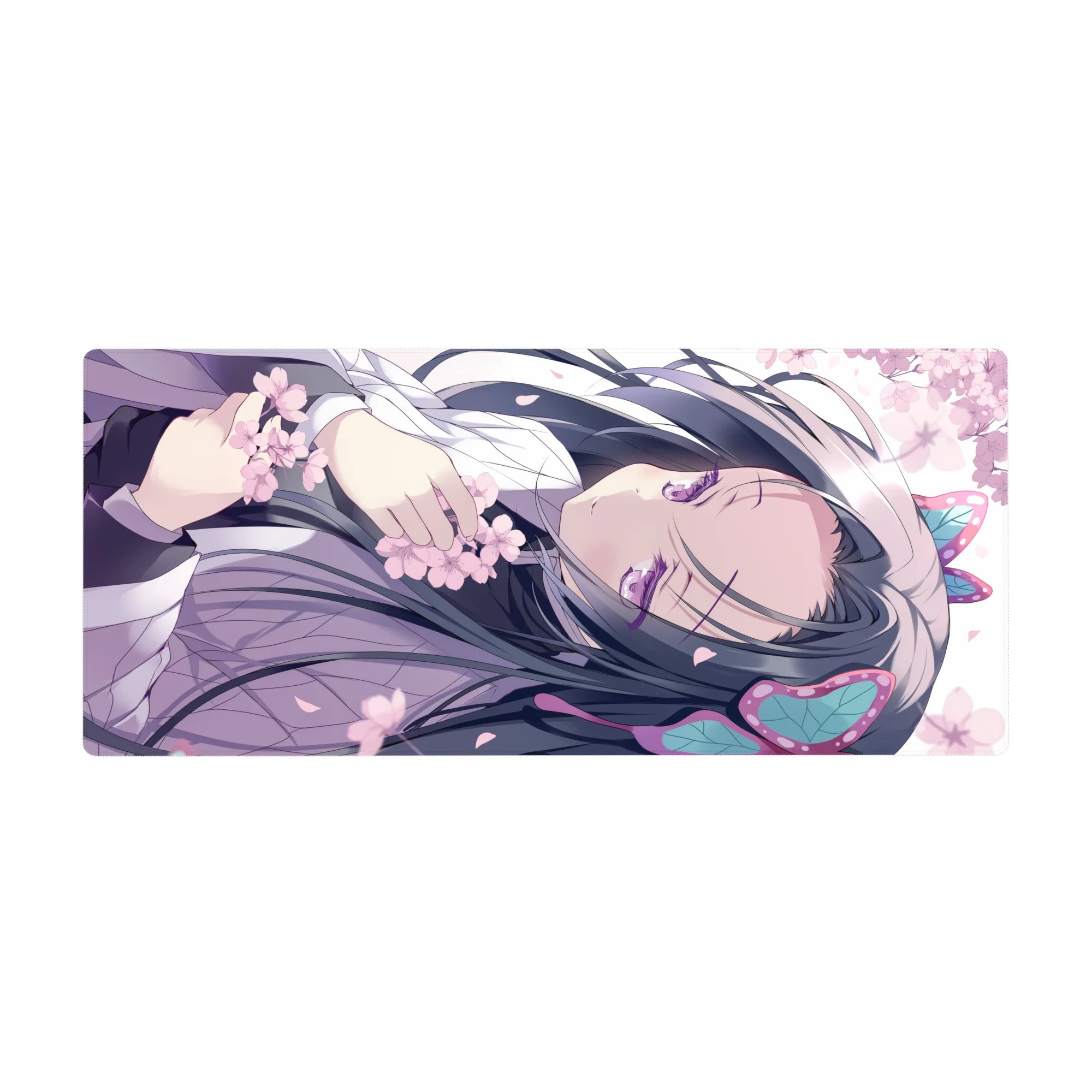 36x16 inches anime girl desk pad with lavender robe, cherry blossoms, and butterfly hair clips.