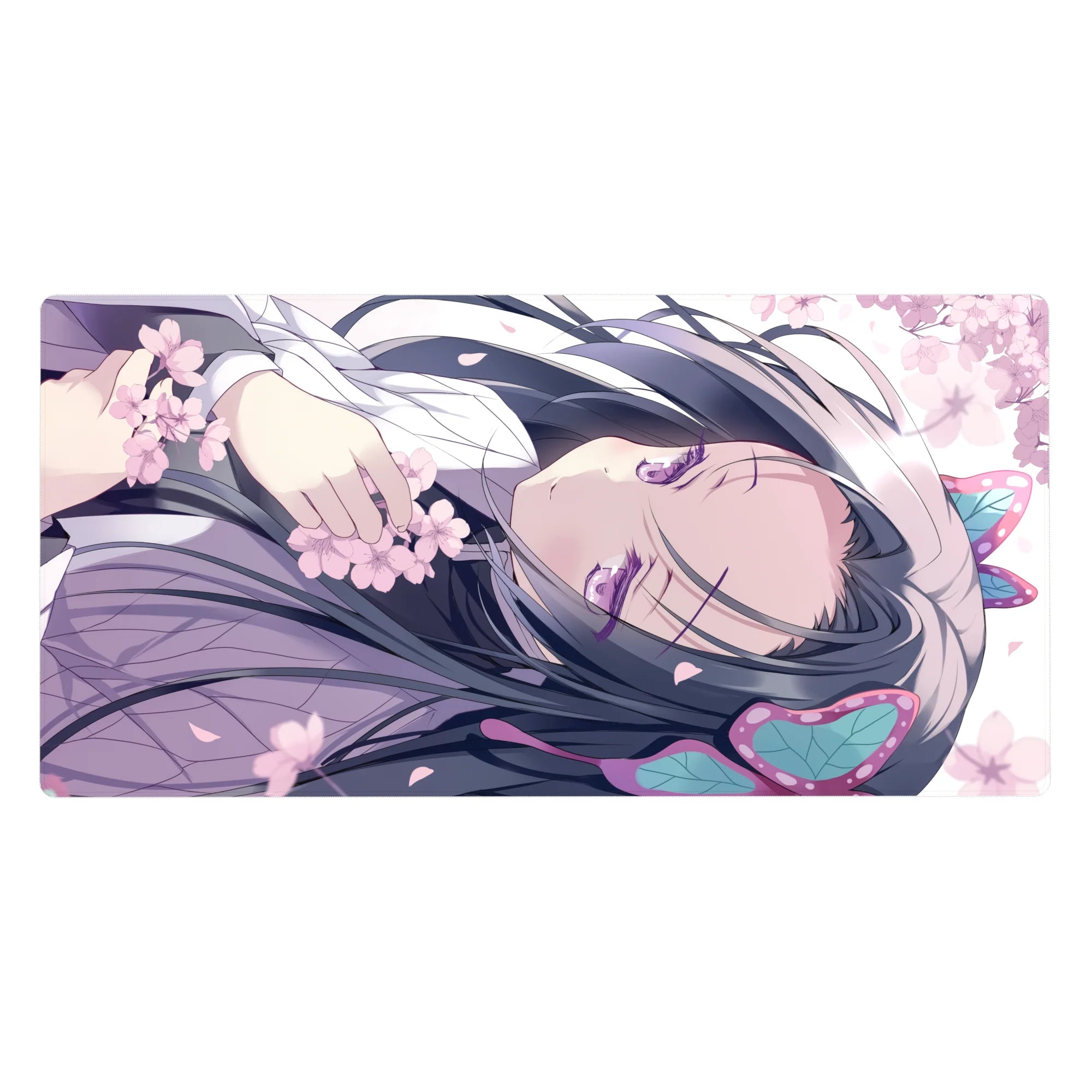 Anime girl desk pad 40x20 inches with lavender robe, cherry blossoms, and butterfly hair accents.