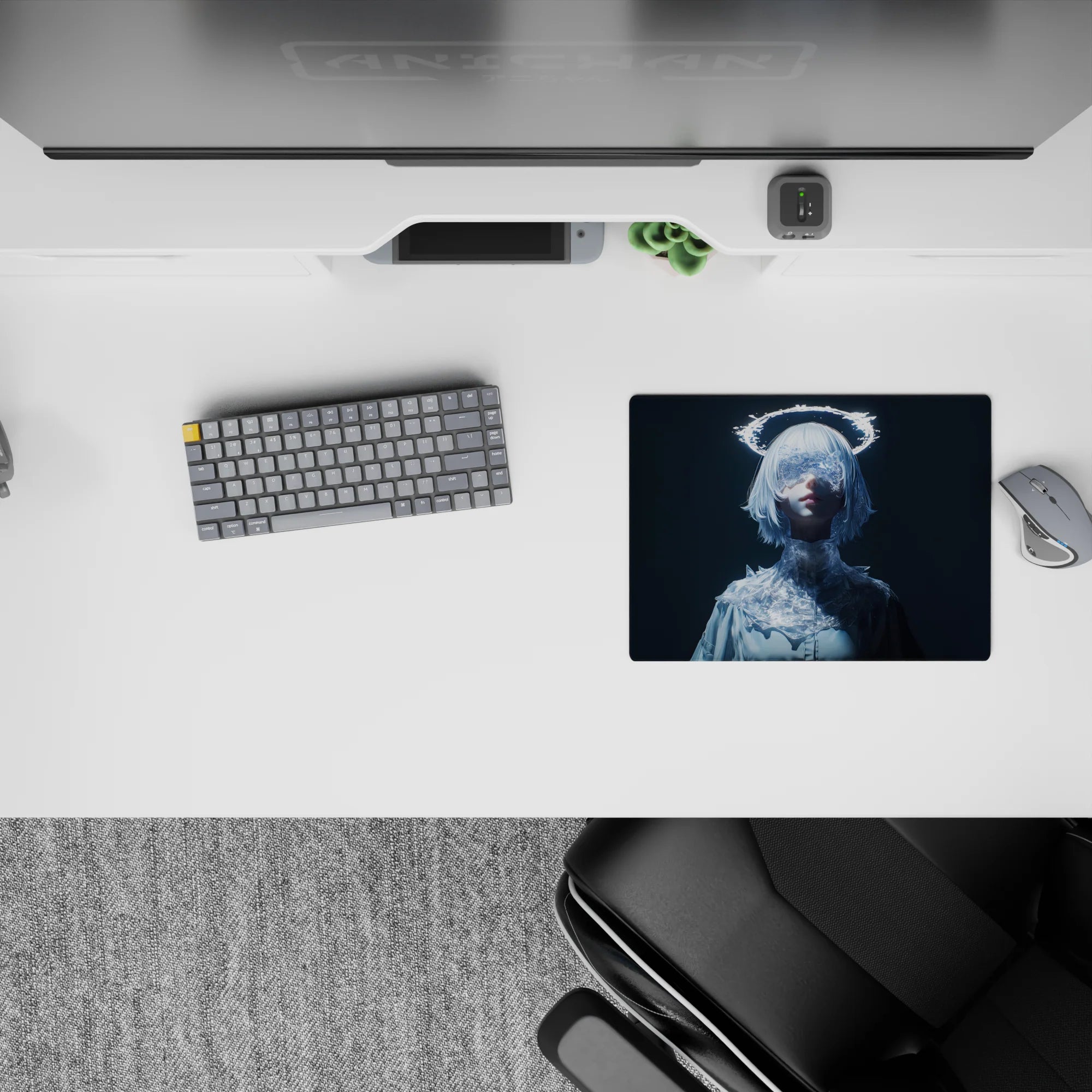 Midnight blue icy white anime mouse pad 14x10 inches, cool calm vibe with neon frost glow.