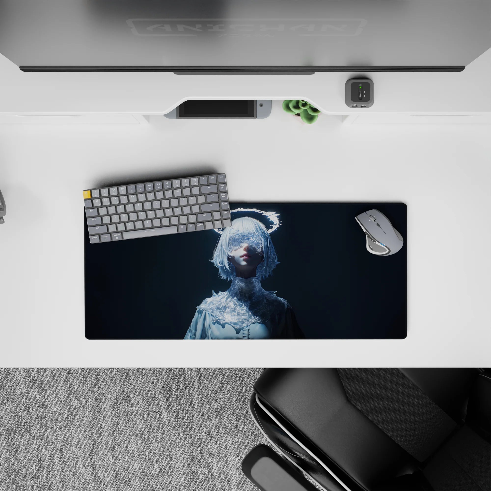 Cool midnight anime girl mouse pad 28x12 inches in icy whites and soft blues, dreamy neon-frost glow.