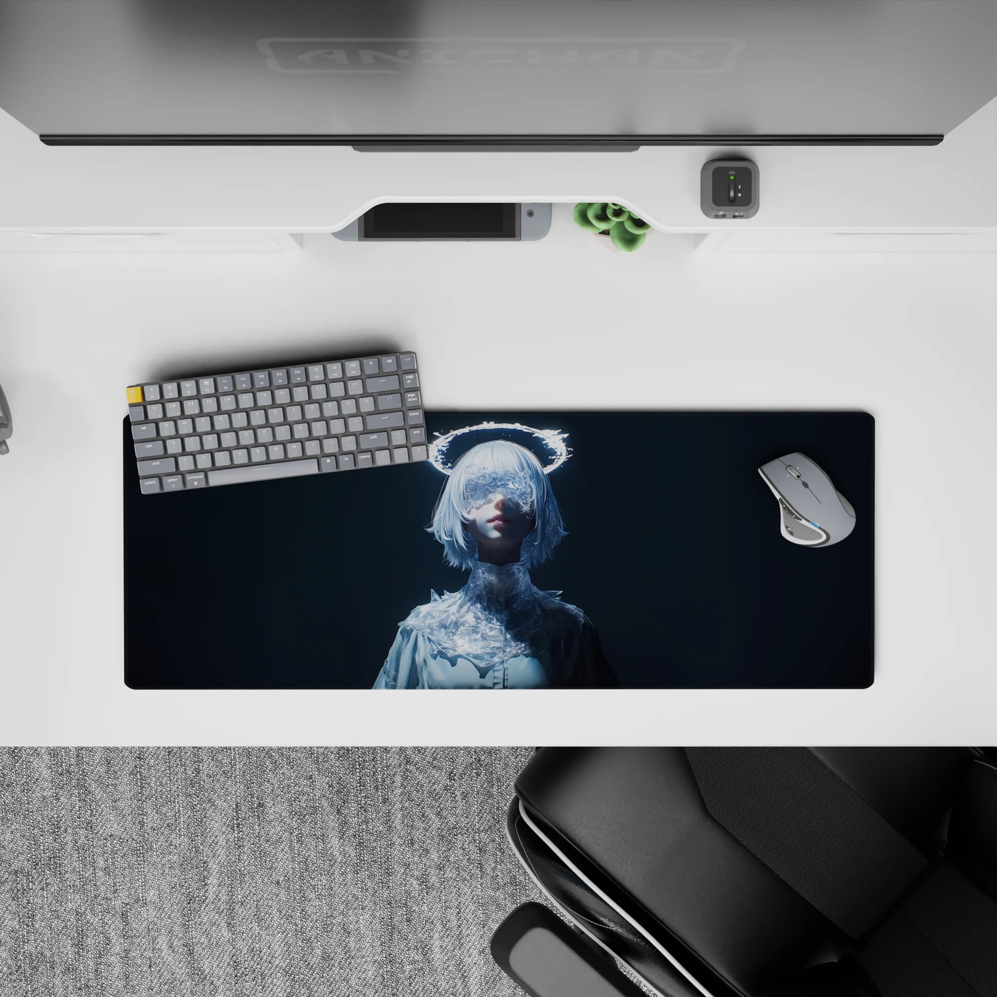 32x12 inches desk mouse pad in cool midnight blues, frosty white tones, and a calm magical anime vibe.